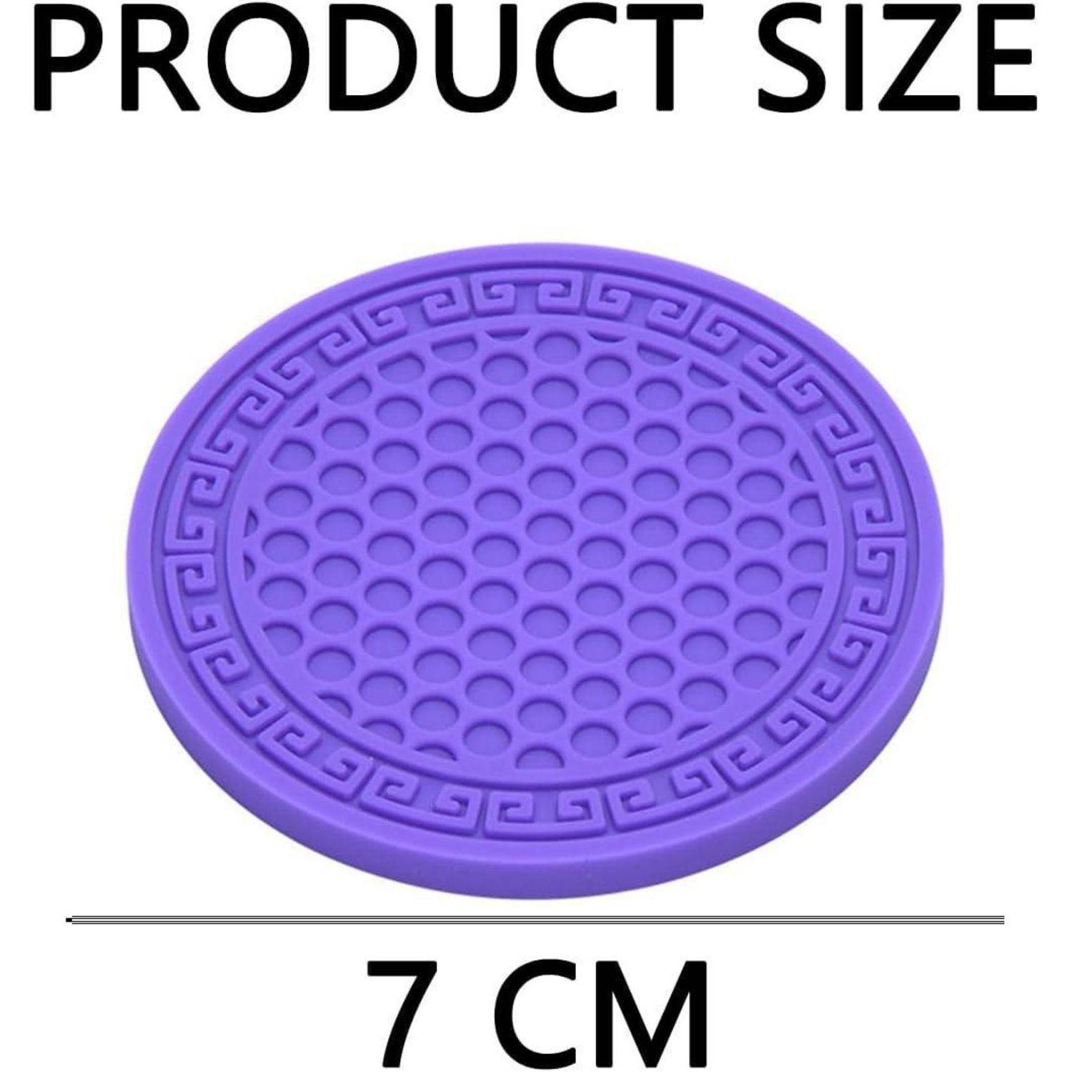 Produktgrößenabbildung, die eine violette runde strukturierte Matte zeigt; Durchmesser gekennzeichnet mit „7 CM