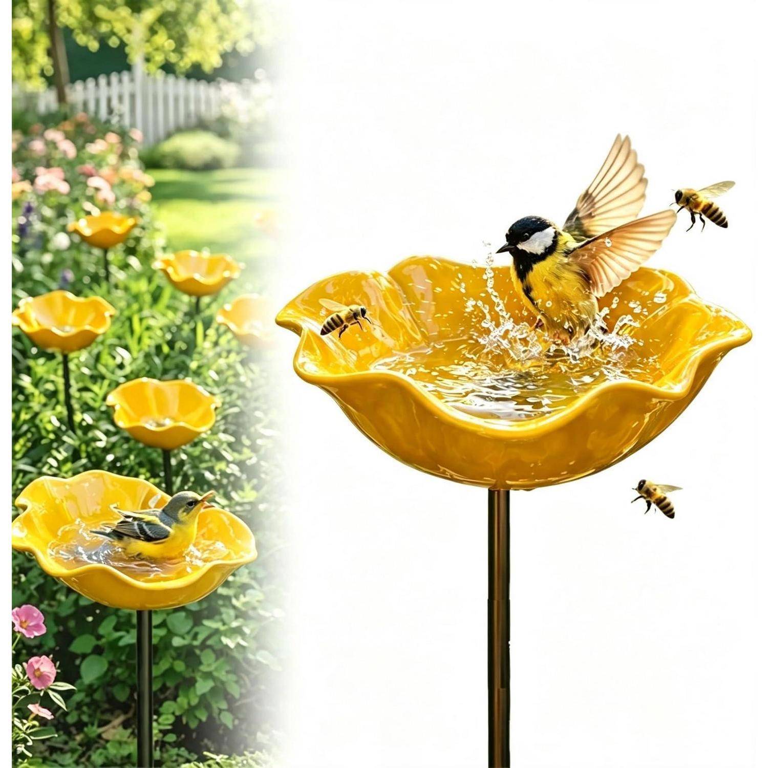 Gelb blütenförmiges Vogelbad auf einem Pfosten in einem Garten, mit kleinen Vögeln und Bienen, die Wasser trinken und darin spritzen.