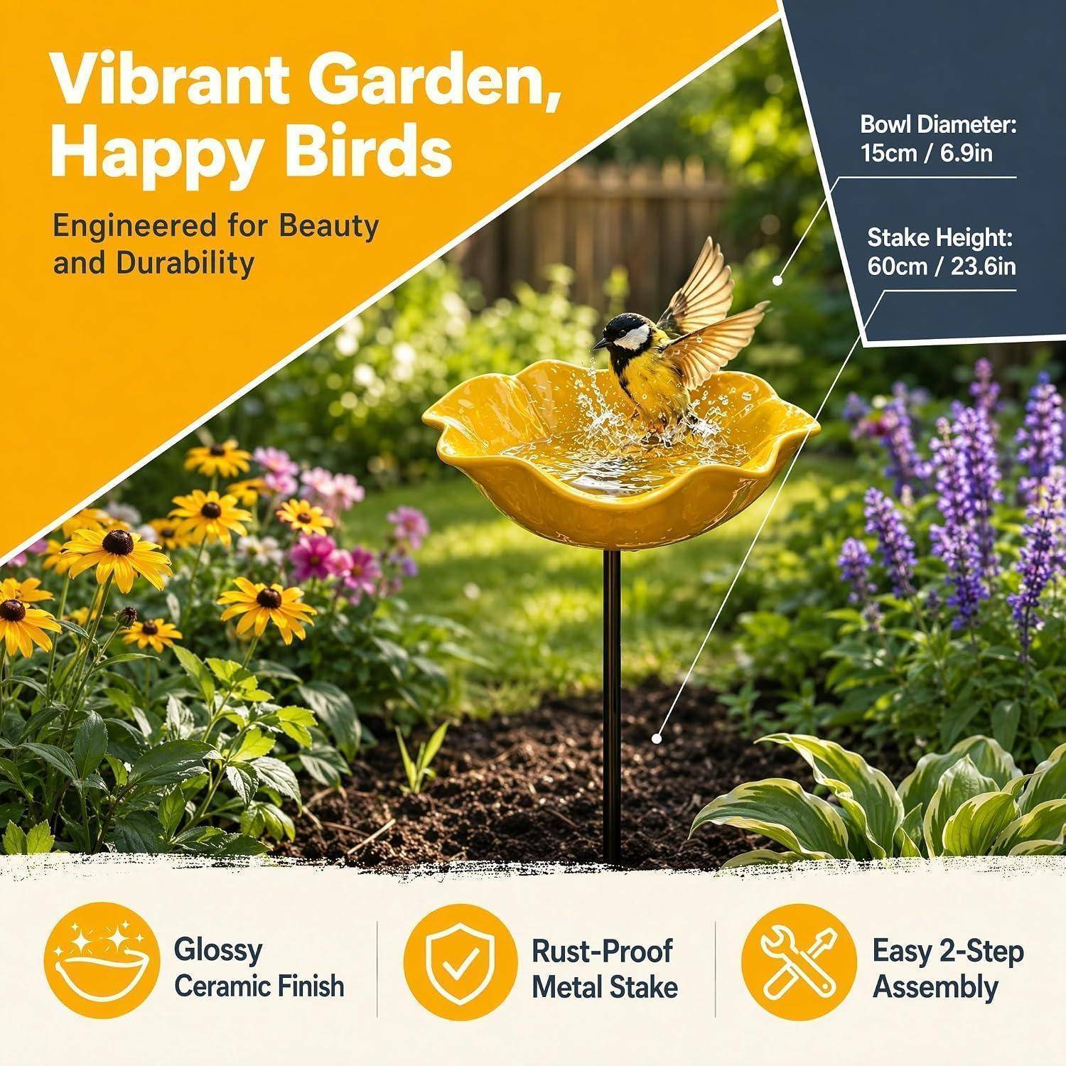 Werbeabbildung Gartenvogeltränke: gelbe Keramikschale auf schwarzem Ständer mit Vogel; Textnotizen 15cm Schalenduchmesser, 60cm Ständerhöhe, glänzende Keramik, rostfrei, einfache Montage.