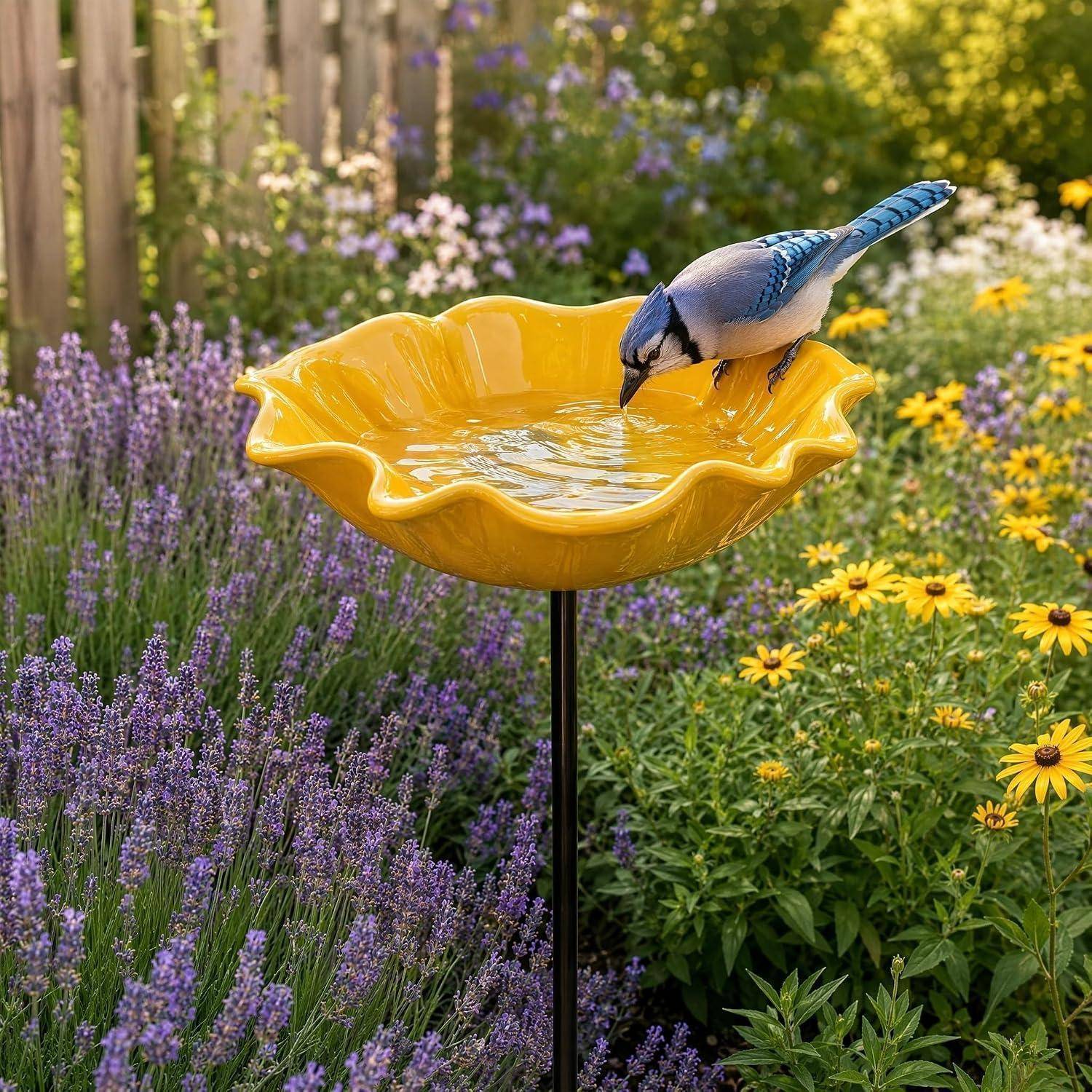Blauheher auf dem Rand eines gelben Vogelbads in einem Blumengarten thronend, Wasser trinkend zwischen violettem Lavendel und gelben Blüten.