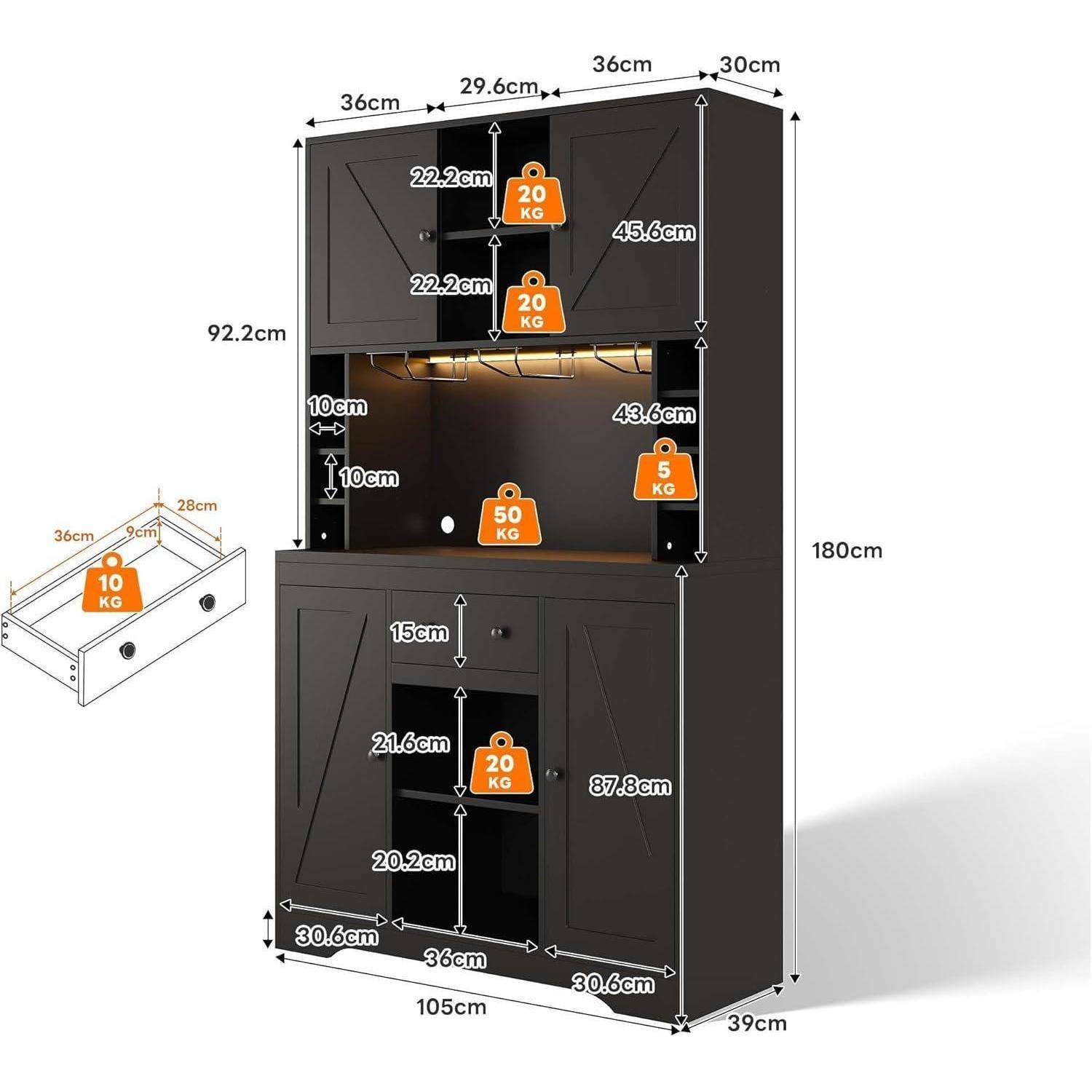 Annotiertes Dimensionsdiagramm eines hohen schwarzen Schranks, das Lagerbereiche und Gewichtsbeschränkungen von 10 kg, 20 kg und 50 kg zeigt, mit Abmessungen in cm.