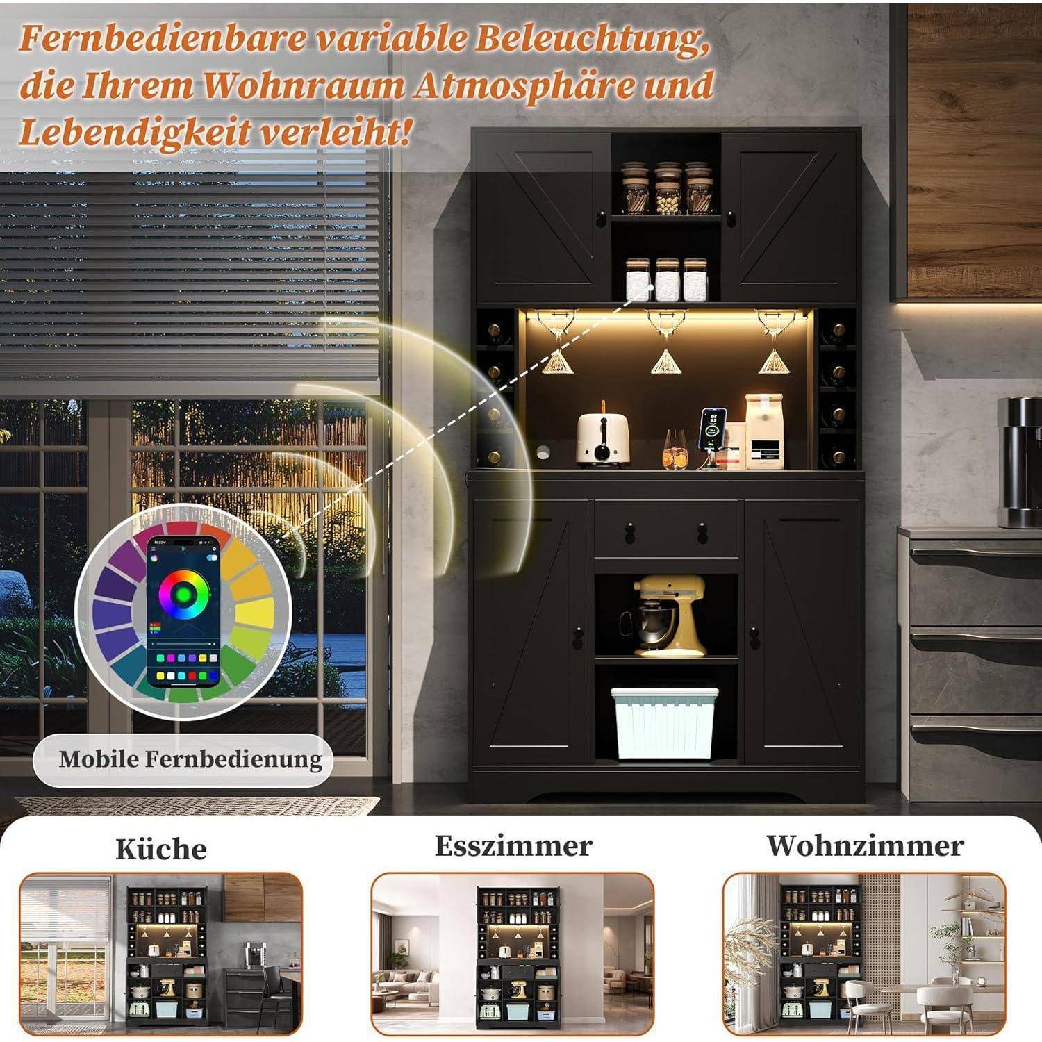Küchenschrank mit Steckdosen, LED, Weinregal, 180x105x40cm Schwarz