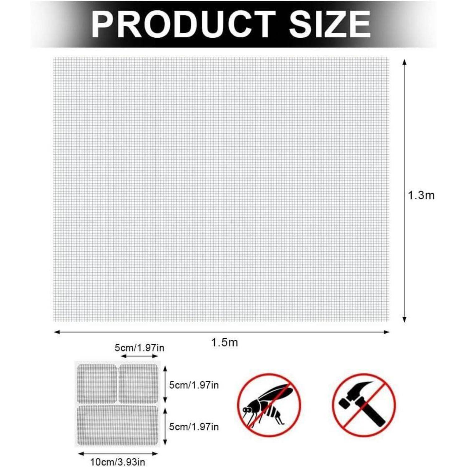 Produktgrößen-Diagramm zeigt ein 1,5 m × 1,3 m Maschenblatt mit 5 cm Quadraten; enthält Insekten- und Hammer-Verbotssymbole.