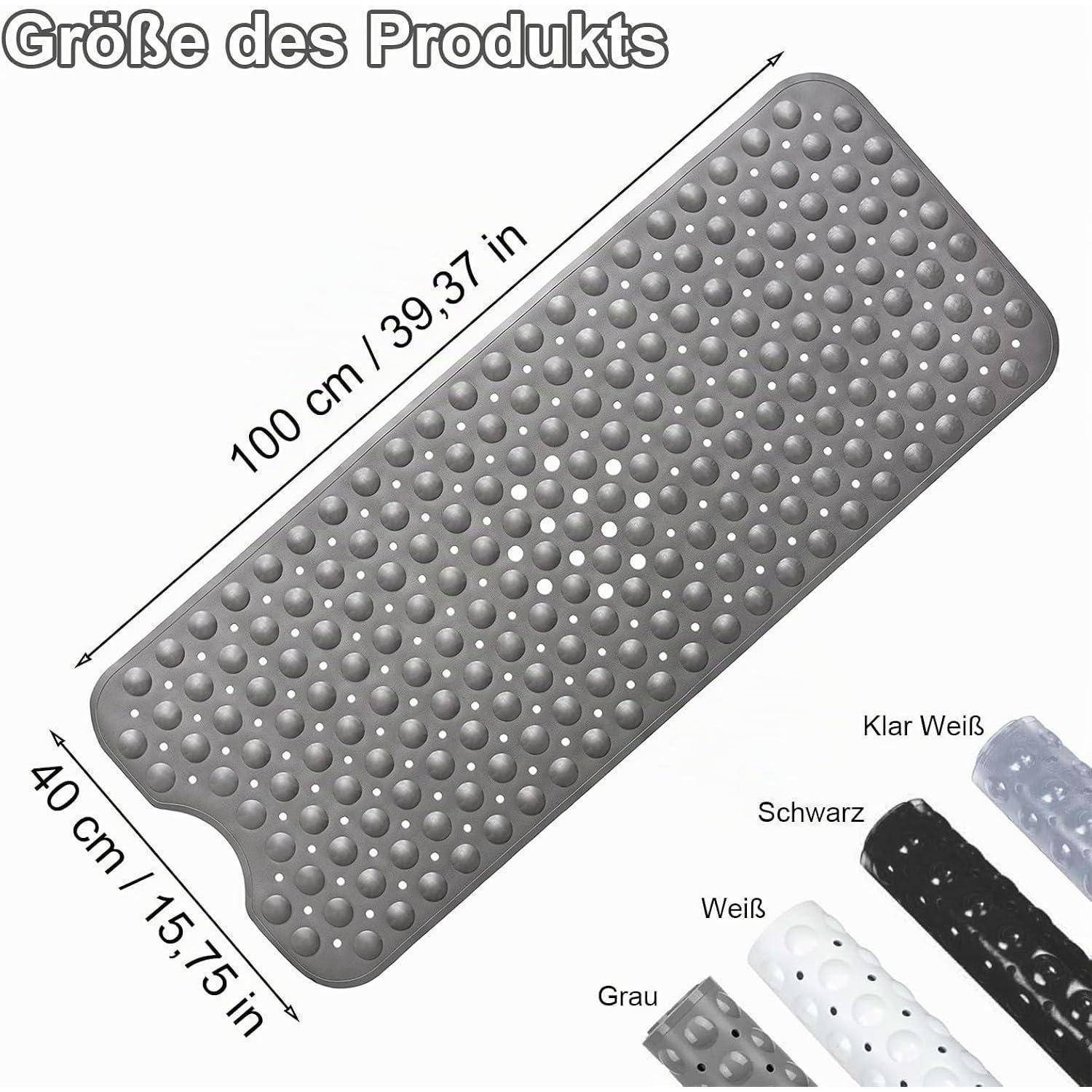 Produktgrößendiagramm mit einer strukturierten rechteckigen Matte, 100 cm x 40 cm, mit Farboptionen, die mit klarem Weiß, Schwarz, Weiß und Grau gekennzeichnet sind.