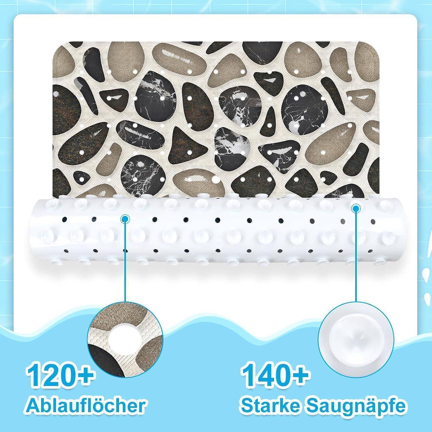 Badevorleger mit Terazzo-Muster und Sauggriff, mit über 120 Drainagebohrungen und über 140 starken Saugnapfern.