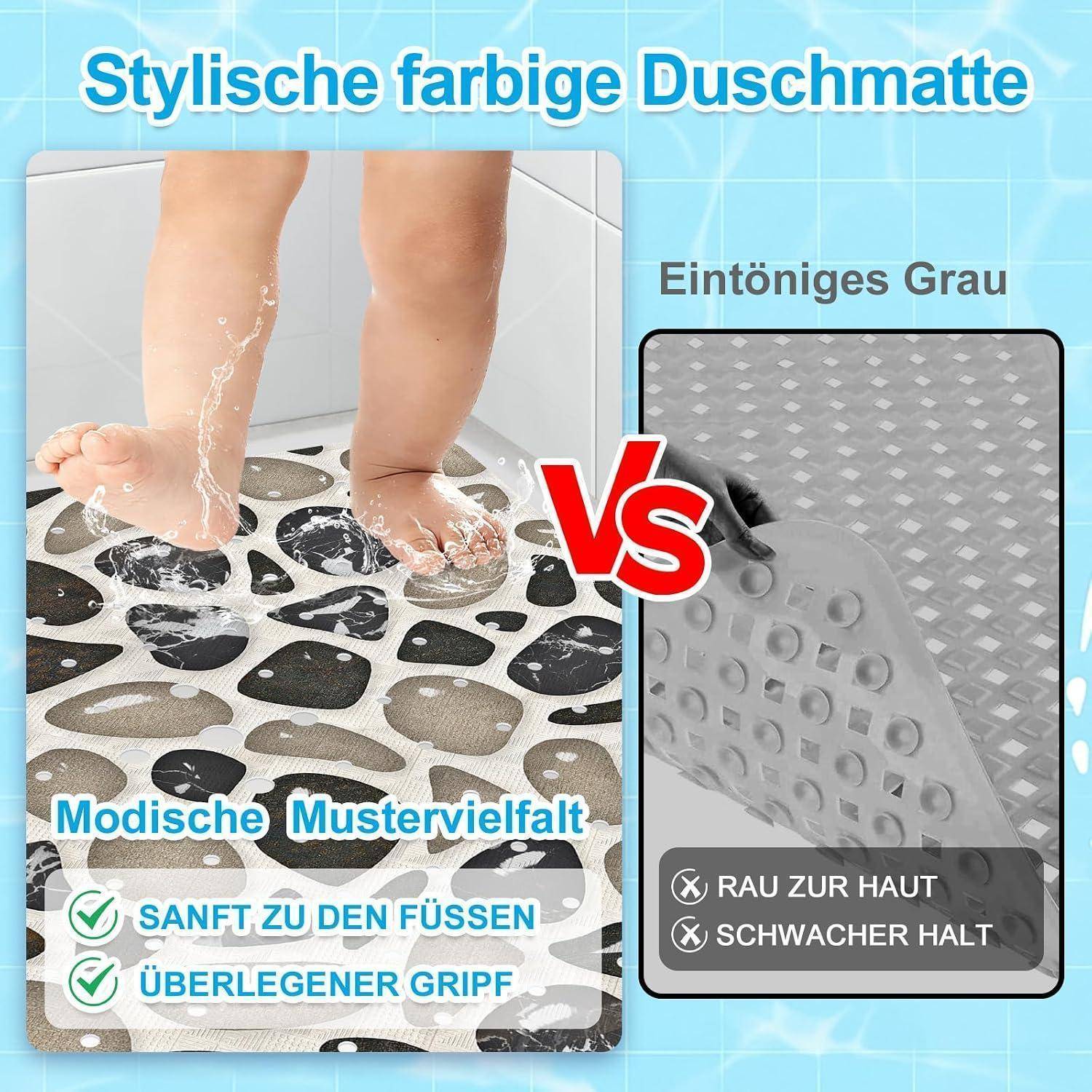 Anzeige zum Vergleich einer gemusterten, farbigen Badmatte mit einer grauen, schlichten Matte; links zeigt Füße auf einer griffigen, weichen Matte mit den Aufschriften „SANFT ZU DEN FÜSSEN