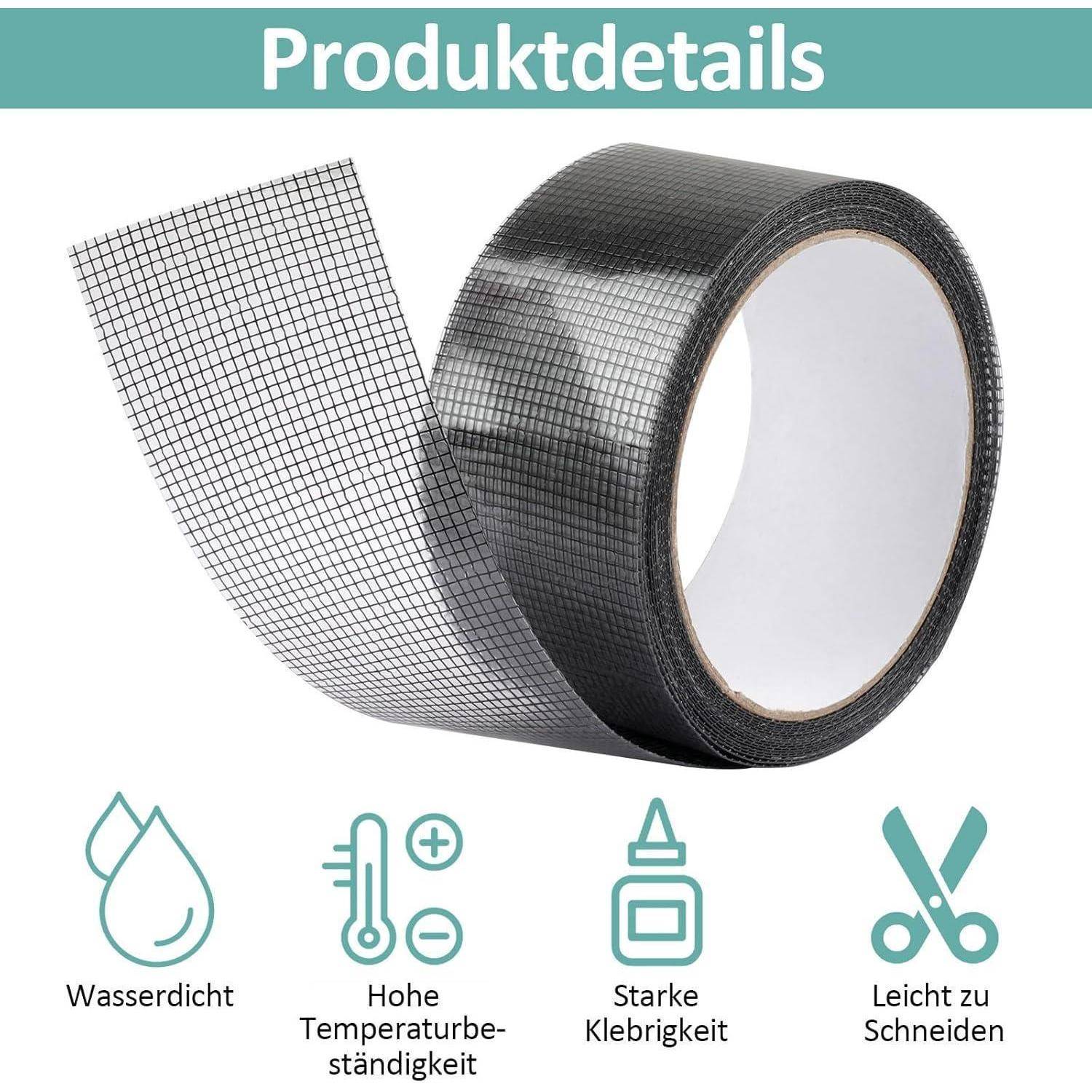 Produktdetailbild einer schwarzen Mesh-Klebeband-Rolle mit Kennzeichnung wasserdicht, hochtemperaturbeständig, stark haftend und leicht zu schneiden.