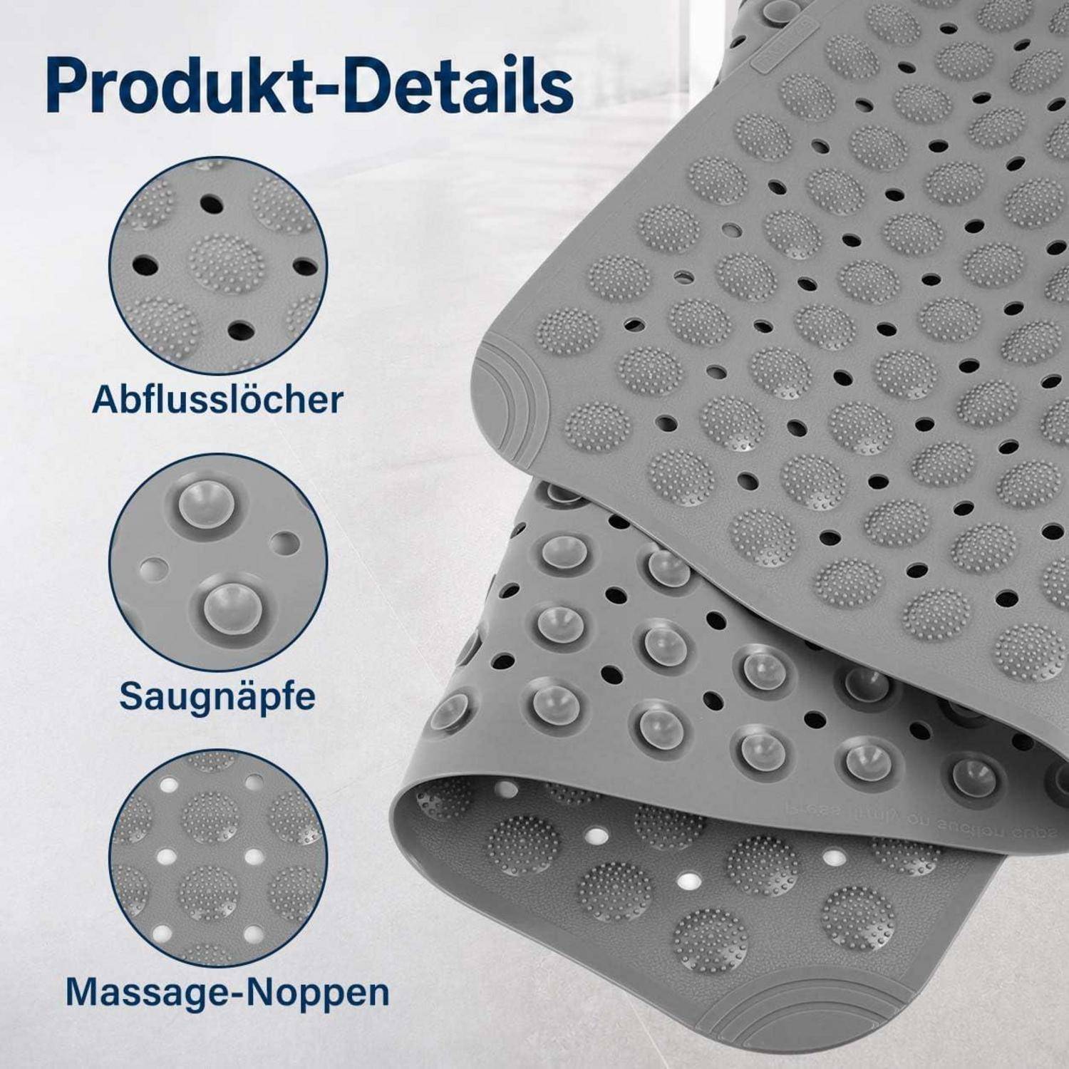 Graues Badezimmermatte mit Entwässerungslöchern, Saugnapfhaltern und Massageknoppen, dargestellt mit vergrößerten Detailaufnahmen.