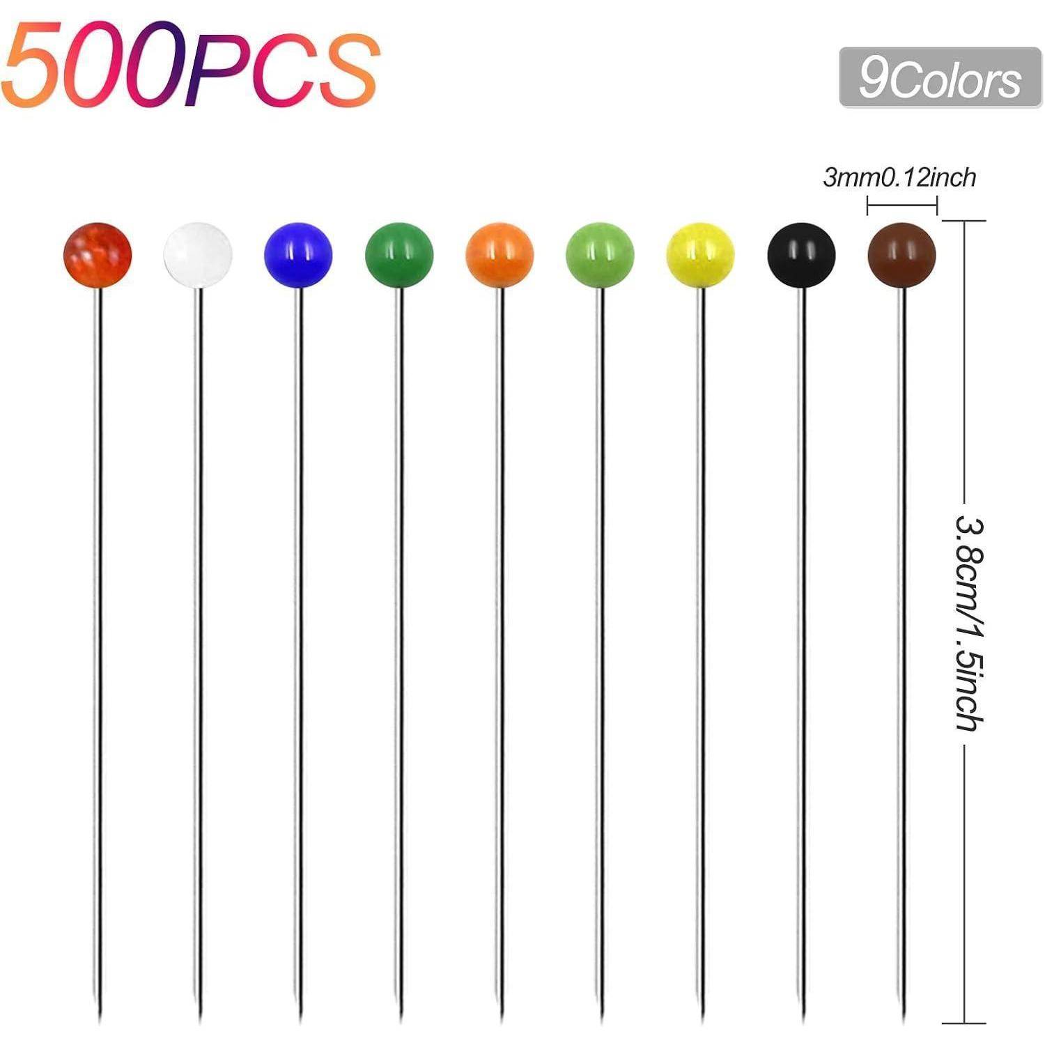 Bild von 500 farbigen geraden Stecknadeln in 9 Farben, beschriftet mit 3 mm Kopfgröße und 3,8 cm Länge.