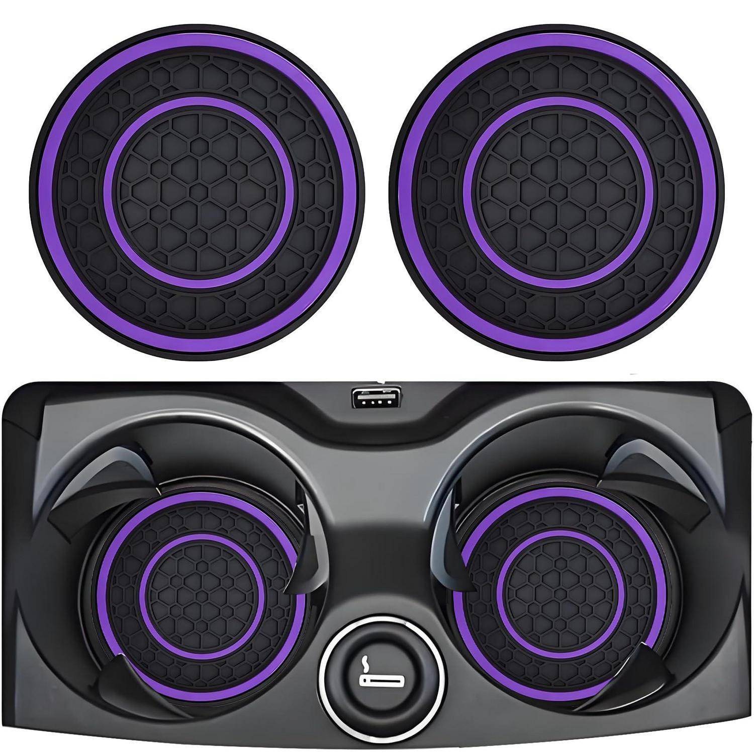 Schwarzes Dual-Lautsprecher-Audiosystem mit violetten Ringakzenten und Wabenmustern, dargestellt als zwei einzelne runde Lautsprecher oben über einem passenden Zwei-Lautsprecher-Gehäuse darunter.