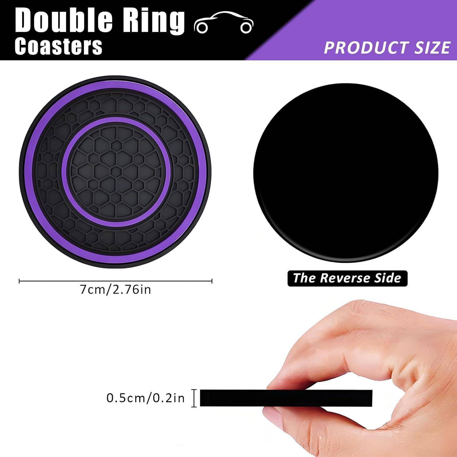 Produktgrößen-Grafik für einen doppelten Ring-Untersetzer, die die gemusterte Vorderseite, die glatte Rückseite, einen Durchmesser von 7 cm und eine Dicke von 0,5 cm zeigt.