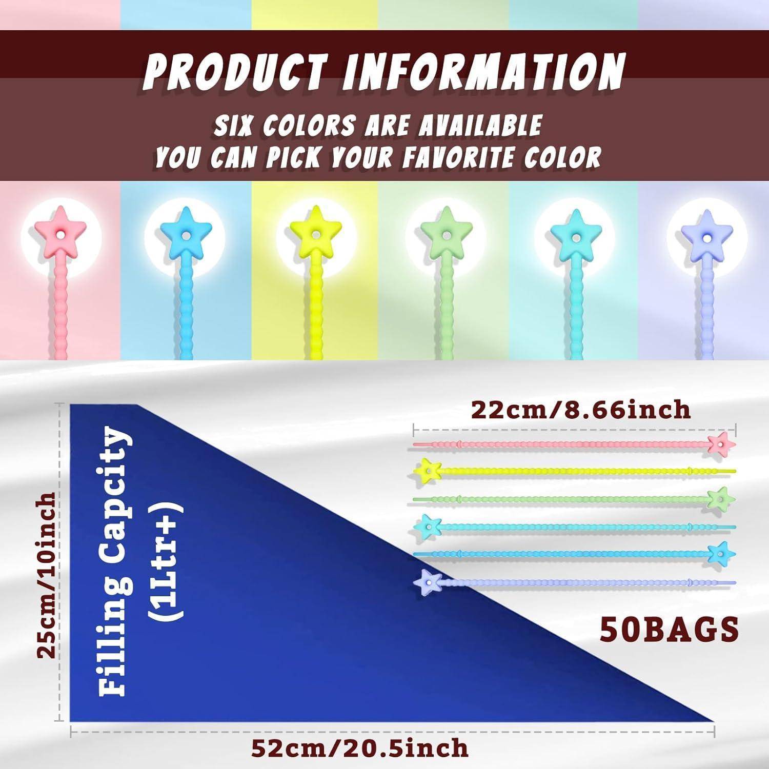 Produktinformations-Grafik mit sechs Farboptionen für eine Taschenverschluss mit Stern; Füllkapazität 1 Liter+, Größe 25 cm x 52 cm, 22 cm Verschlusslänge und 50 Beutel.