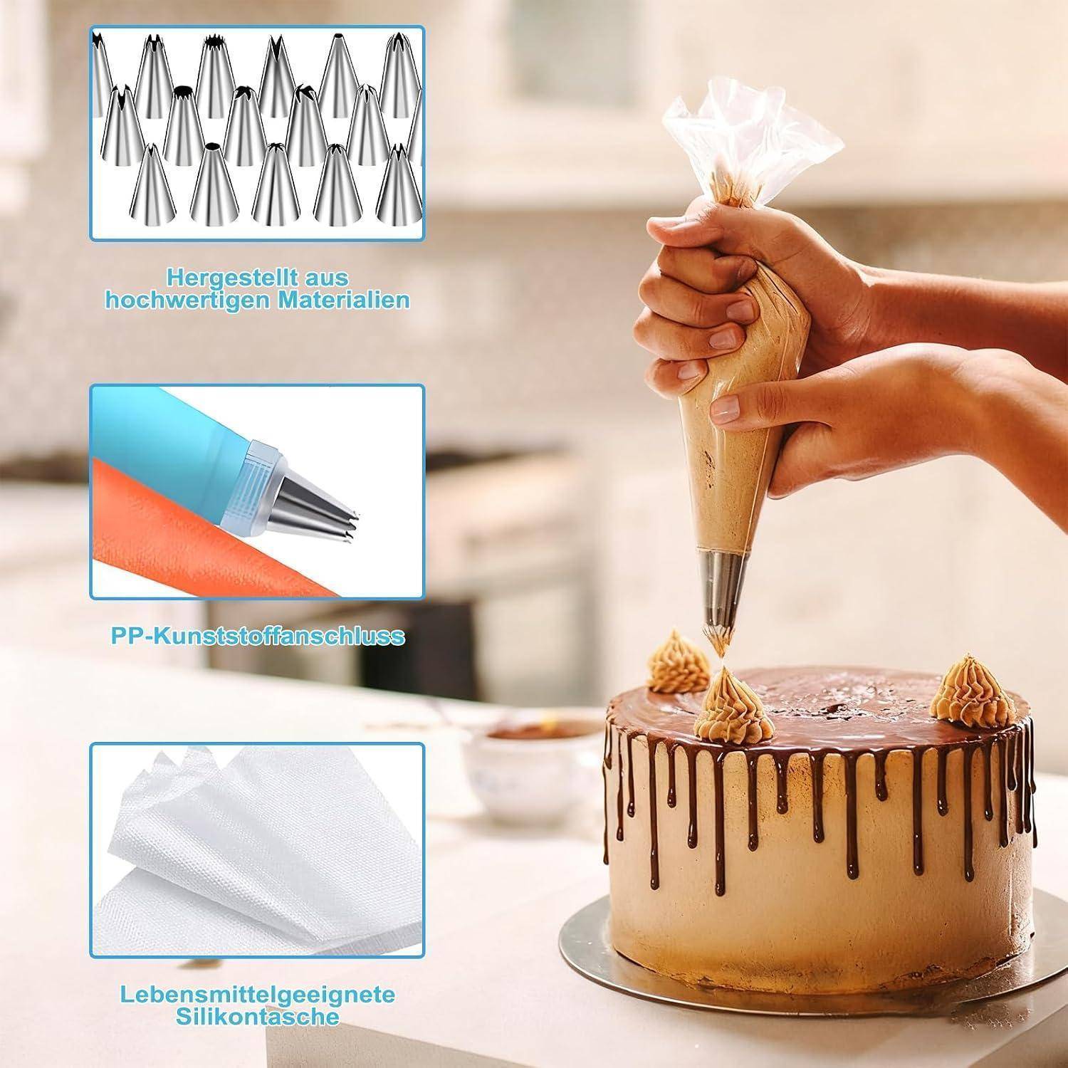Hände, die einen Schokoladentropfen-Kuchen mit einer Spritzbeutel verzieren; eingefügte Beschriftungen zeigen Metallspitzen, Kunststoffverbinder und lebensmittelsicheren Silikon-Spritzbeutel.