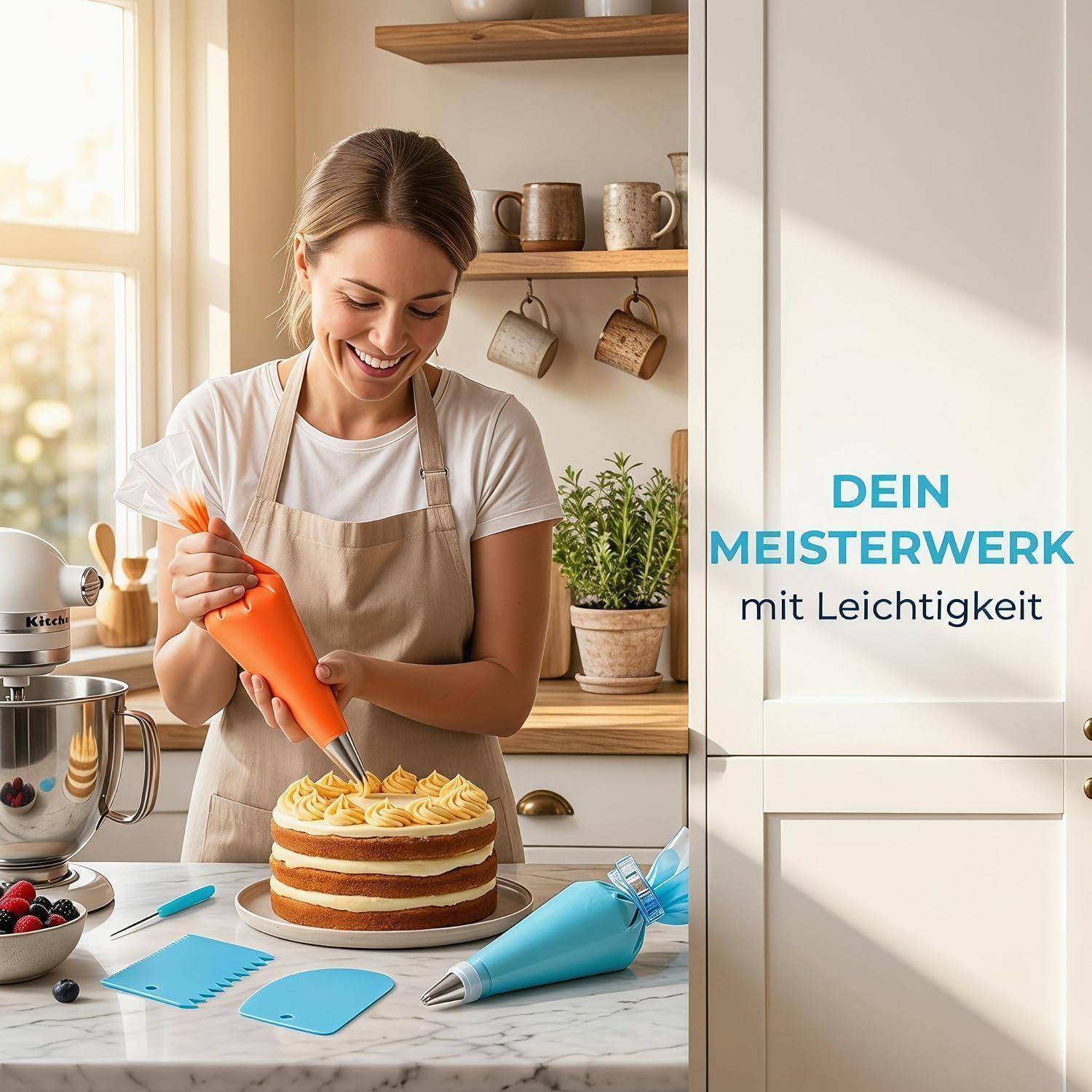 Frau, die einen mehrschichtigen Kuchen mit orangefarbener Glasur in einer Küche verziert; der Text lautet „DEIN MEISTERWERK mit Leichtigkeit