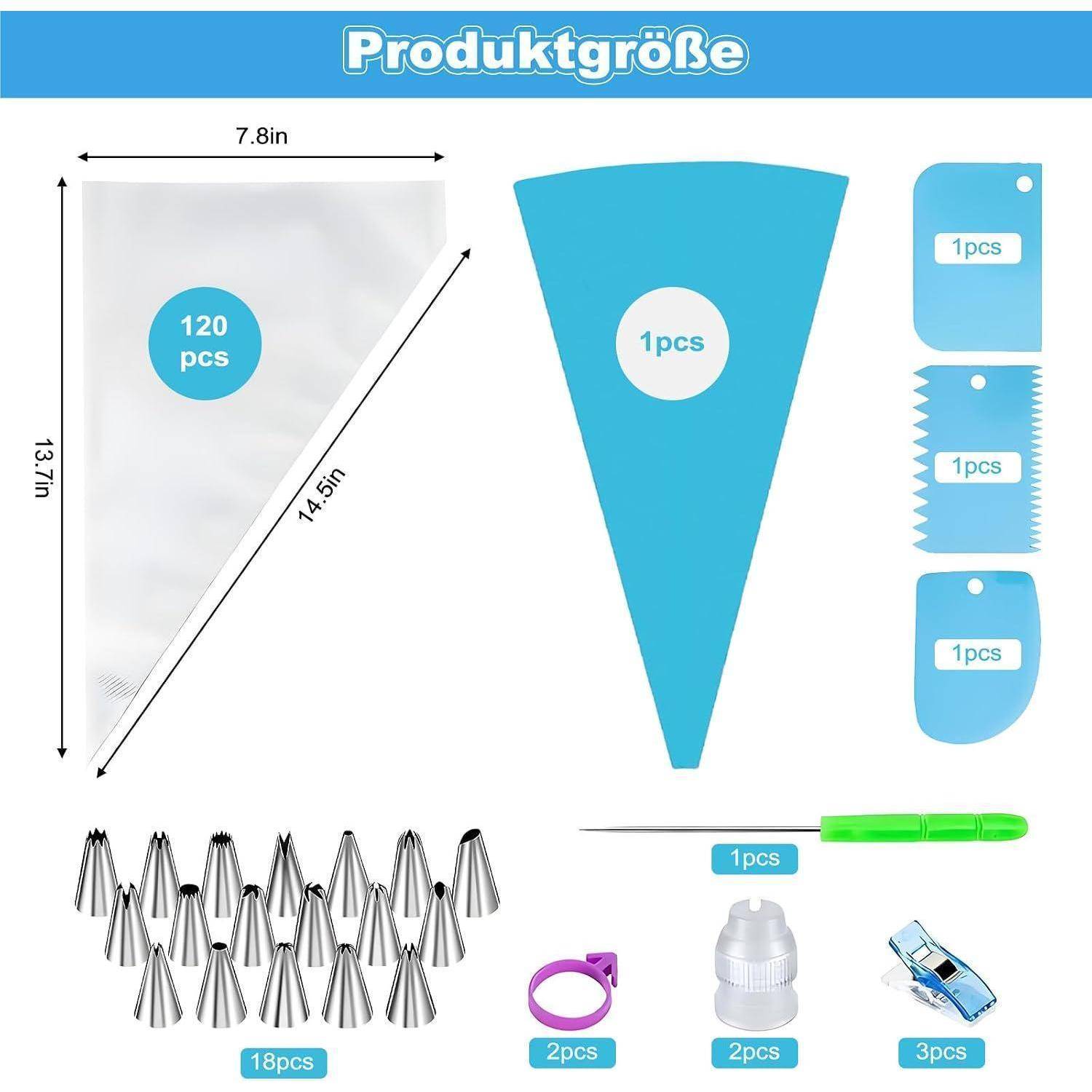 Produktgrößendiagramm mit einer dreieckigen Spritzbeutel mit den Maßen 13,7 Zoll mal 7,8 Zoll und 14,5 Zoll Diagonale, mit beigefügten Spitzenadaptern und Zubehör in gekennzeichneten Mengen.