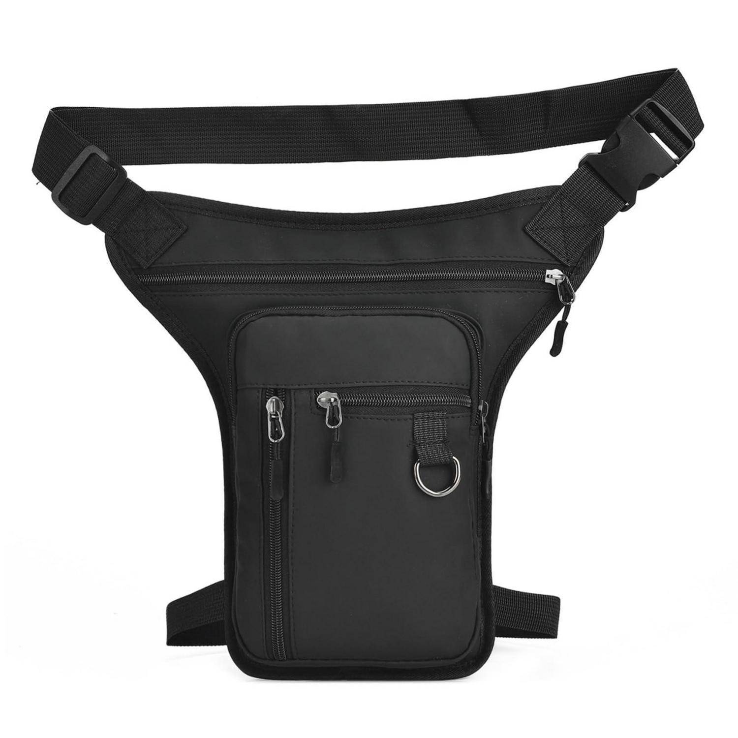 Schwarze verstellbare Umhänge-Gürteltasche mit mehreren Reißverschlusstaschen und einem vorderen Fach, gezeigt auf weißem Hintergrund.