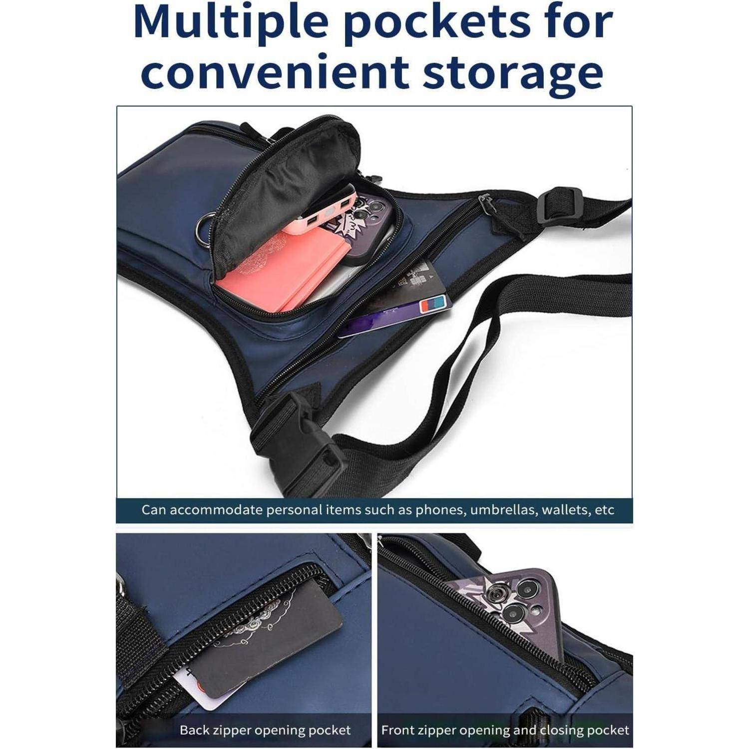 Produkttasche mit mehreren Reißverschlusstaschen, die ein Telefon, eine Geldbörse und kleine Gegenstände enthält; der Text hebt bequemen Stauraum und Zugriff auf Vorder- und Rückentaschen hervor.