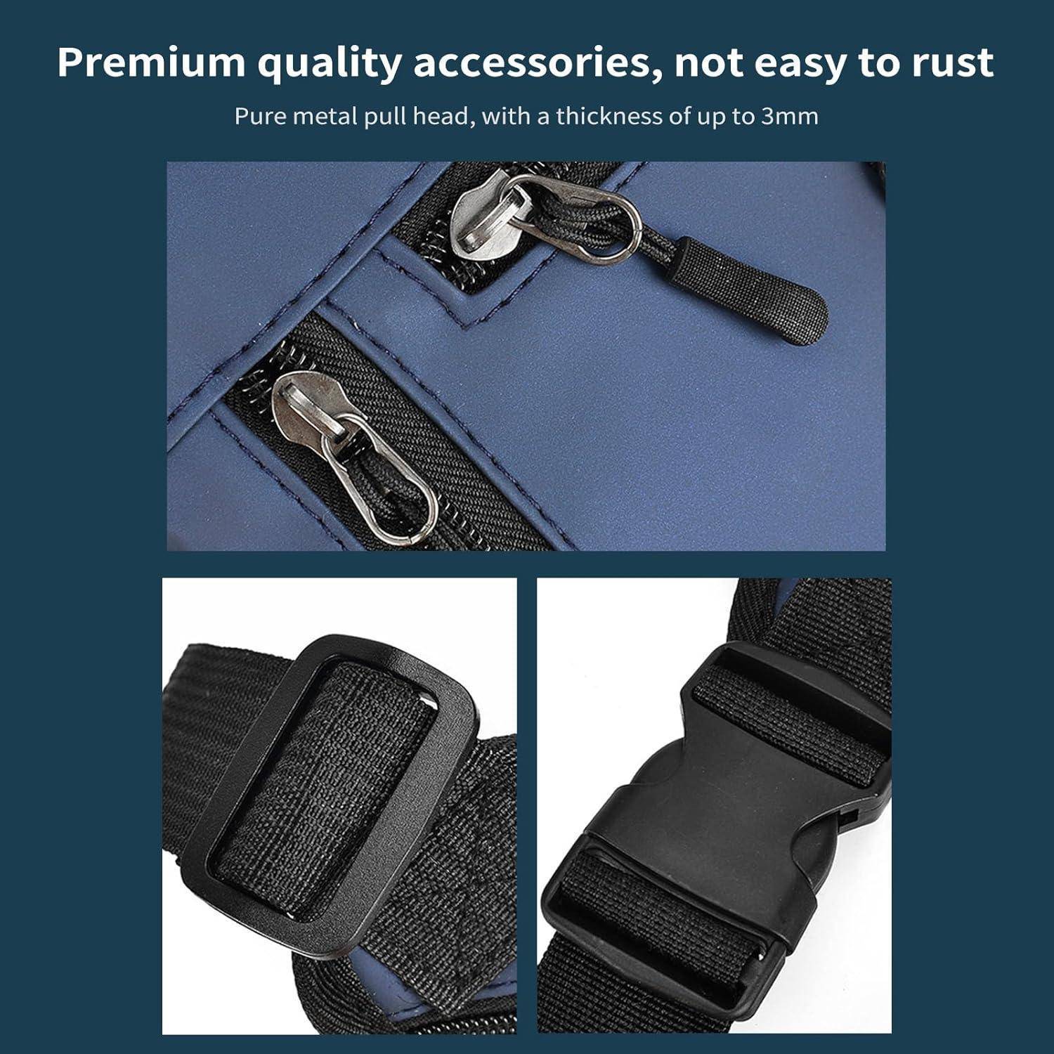 Werbebild einer Tasche mit langlebigen Metallreißverschlussschiebern und schwarzer Riemenbeschlägen, die hervorhebt „Premium-Qualitätszubehör, nicht leicht zu rosten" und „Reiner Metallreißverschluss-Kopf, mit einer Dicke von bis zu 3mm"".