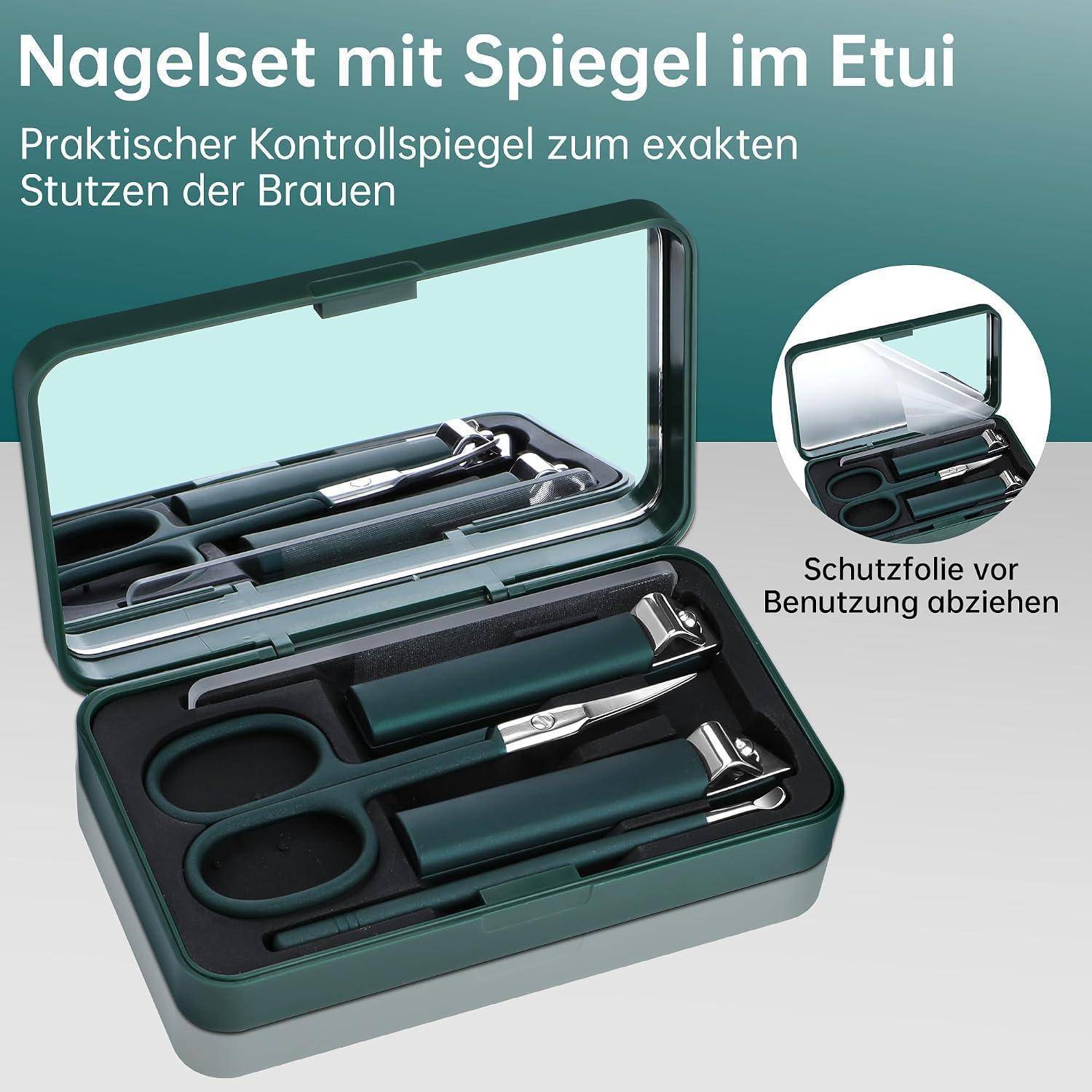 Augenbrauen-Trimmer-Set in einem Etui mit Spiegel, zeigt Schere, Pinzette und andere Grooming-Tools; Text sagt „Nägelsset mit Spiegel im Etui