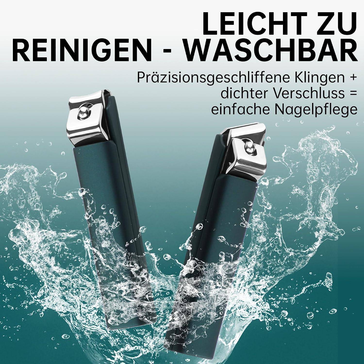 Zwei wasserdichte Nagelknipser im spritzendem Wasser mit deutschem Text: „LEICHT ZU REINIGEN - WASCHBAR