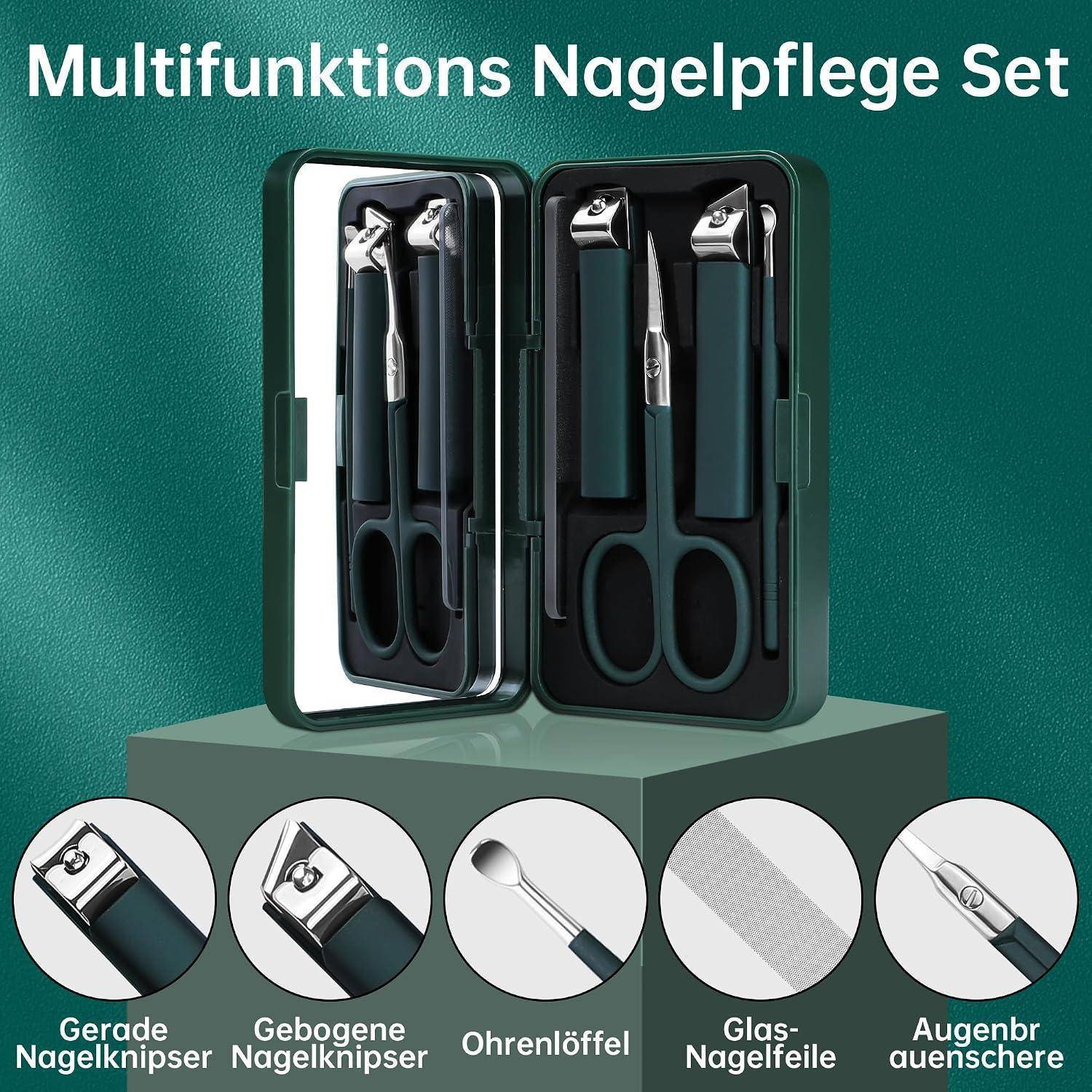 Multifunktionales Nagelpflegeset in einem Etui, das Nagelknipser, Nagelhautschieber, Ohrlöffel, Feile und Augenbrauentrimmer mit beschrifteten Werkzeugsymbolen zeigt.