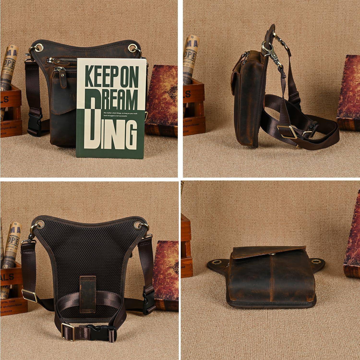 Vier Ansichten einer schwarzen Ledertasche zum Umhängen mit verstellbarem Riemen, die Vorder-, Seiten-, Rück- und zusammengeklappte Ansicht auf neutralem Hintergrund zeigen.