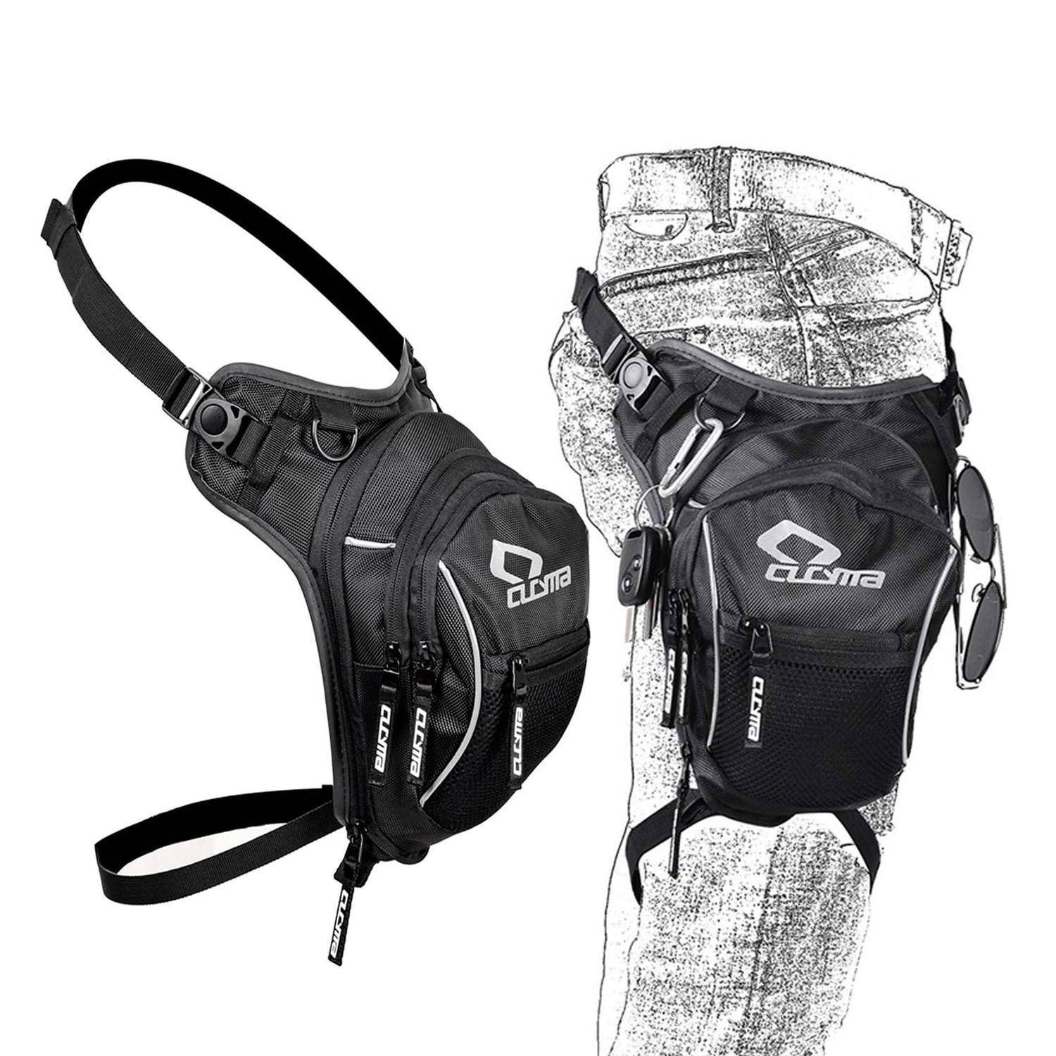 Schwarze Colmã-Oberschenkeltasche, die am Bein getragen wird, mit verstellbaren Hüft- und Beingurten sowie mehreren Reißverschlusstaschen für freihändiges Tragen.