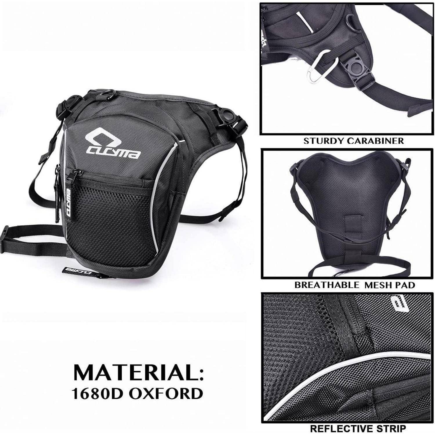 Werbebild einer schwarzen CLIMA-Beintasche mit Riemen, Karabiner, atmungsaktivem Mesh-Polster, reflektierendem Streifen und Text „MATERIAL: 1680D OXFORD".