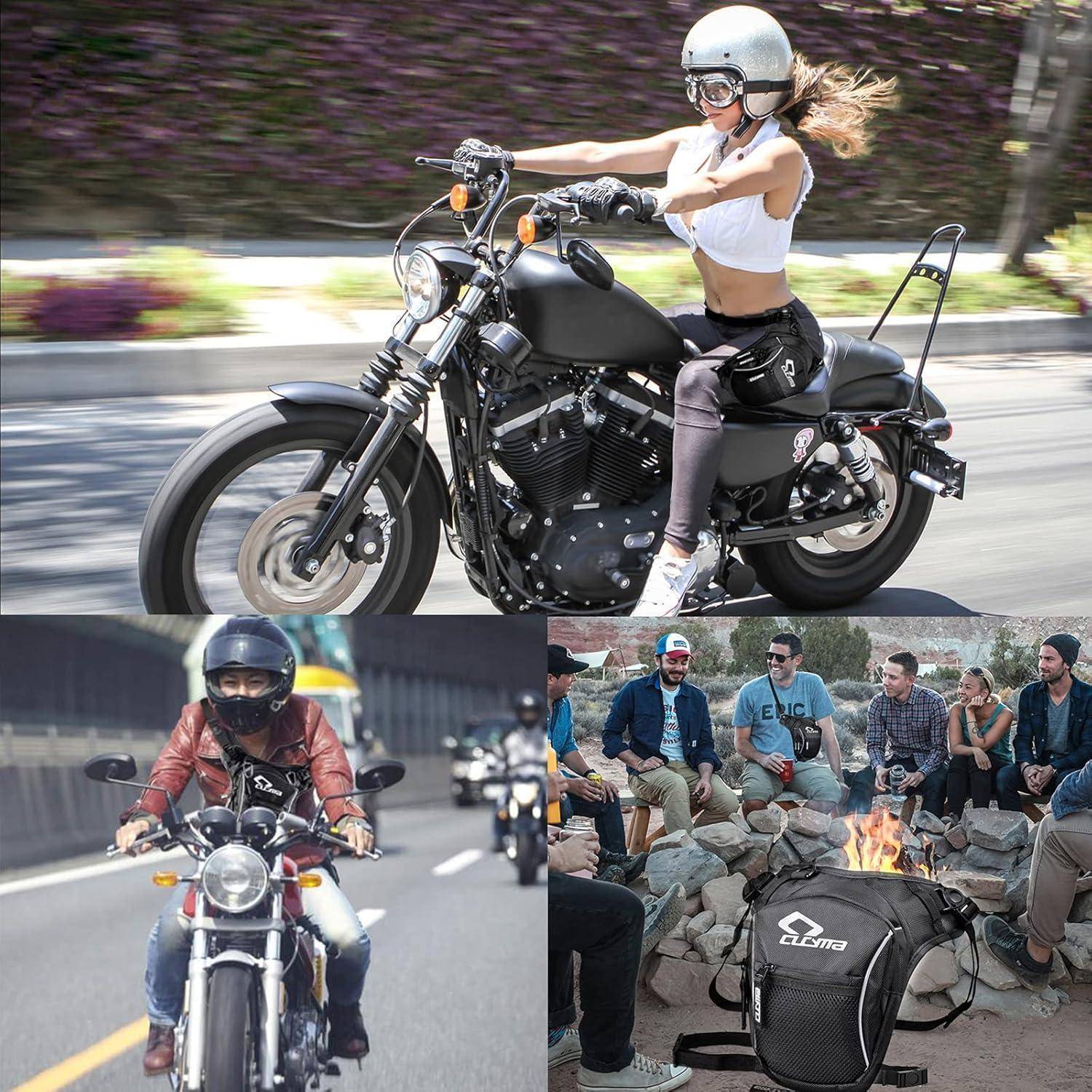 Collage von Motorradfahrern: eine Frau fährt ein schwarzes Motorrad in Bewegung, ein Fahrer fährt auf die Kamera zu, und eine Gruppe sitzt um ein Lagerfeuer mit Ausrüstung.