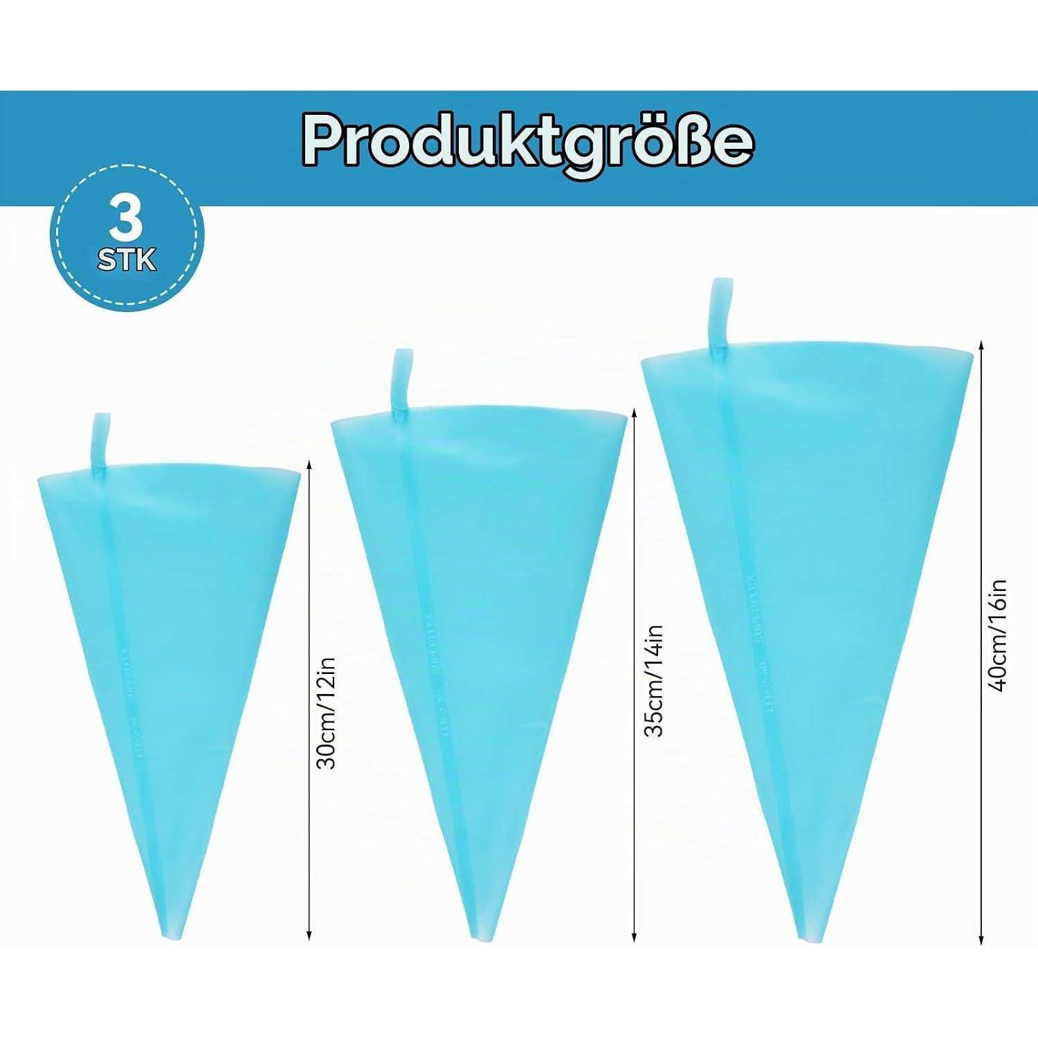 Produktgrößentabelle mit drei blauen kegelförmigen Artikeln mit den Bezeichnungen 30 cm, 35 cm und 40 cm; „3 STK