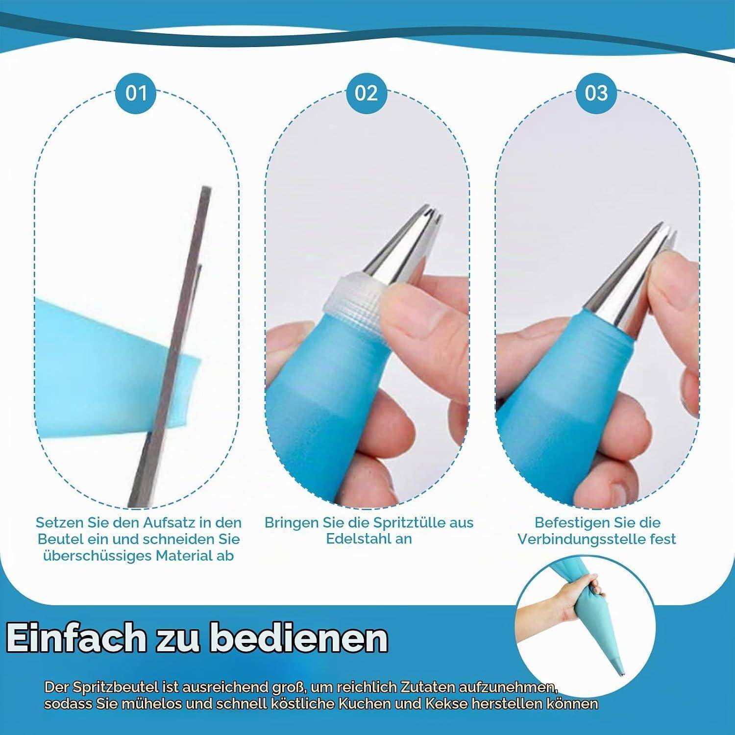 Dreiteiliges deutsches Infografik zeigt, wie man einen Spritzbeutel mit Metallspitze verwendet: Den Beutel abschneiden, die Düse einführen und die Verbindung sichern.