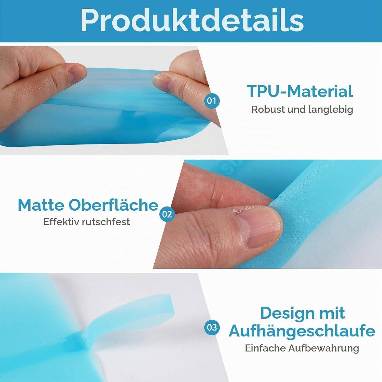 Produktdetails-Infografik mit blauem TPU-Armband: 'TPU-Material' robust und langlebig, 'Matte Oberfläche' für besseren Halt, und 'Design mit Aufhängeschlaufe' für einfache Aufbewahrung.