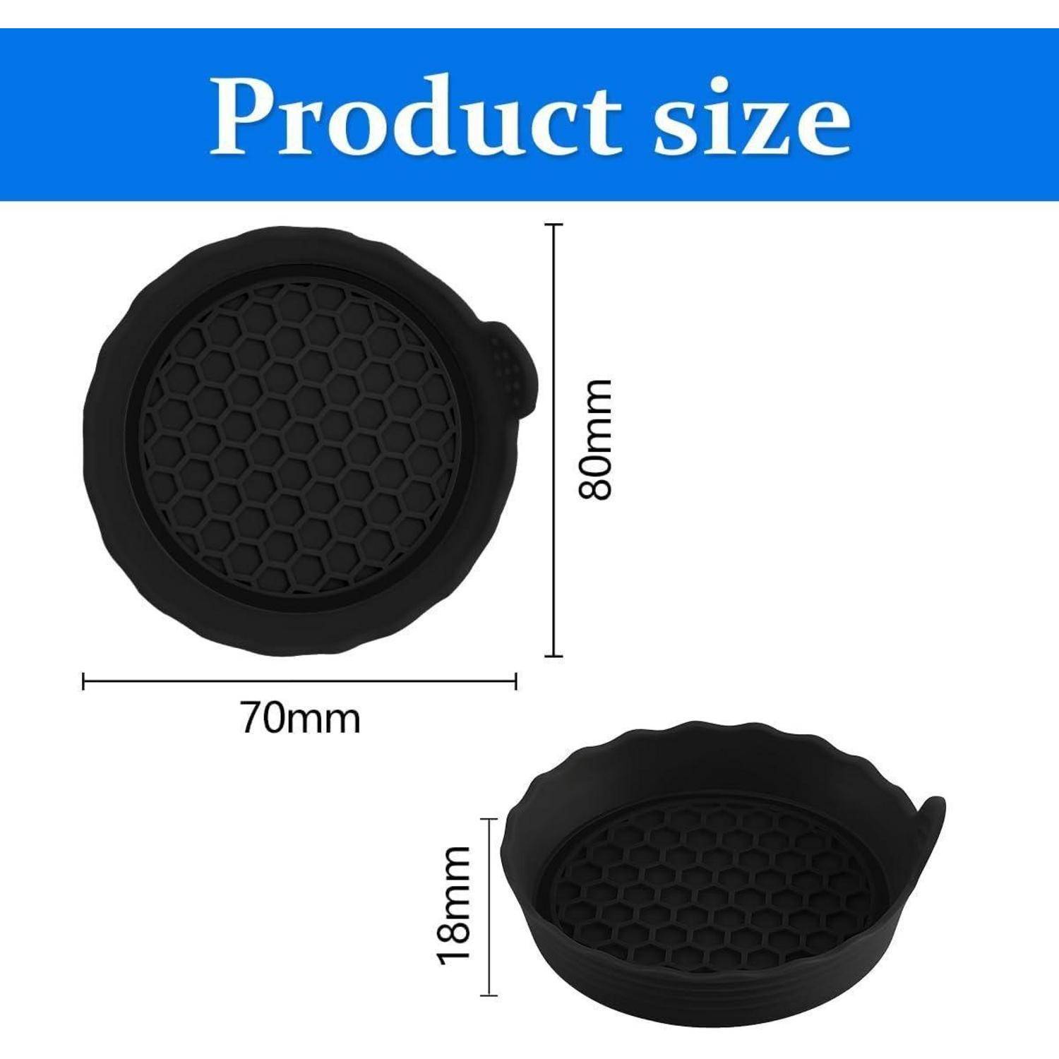 Produktgrößendiagramm mit einem runden schwarzen Behälter, 70 mm breit und 80 mm hoch; die Seitenhöhe beträgt 18 mm.