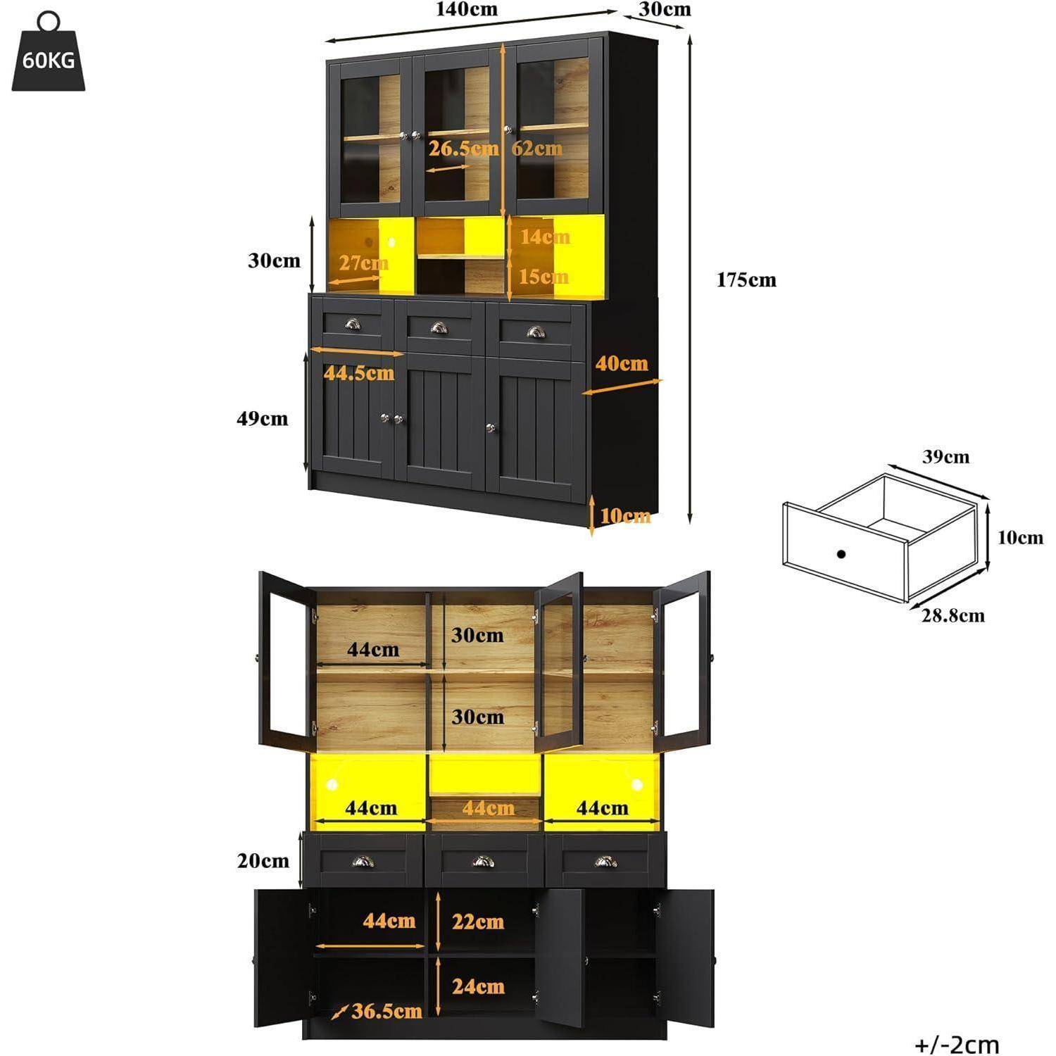 Produktdiagramm eines 140cm breiten schwarzen Küchenschranks mit Vorder- und offener Ansicht mit gekennzeichneten Lagerbemaßungen und 60kg Gewichtskapazität.