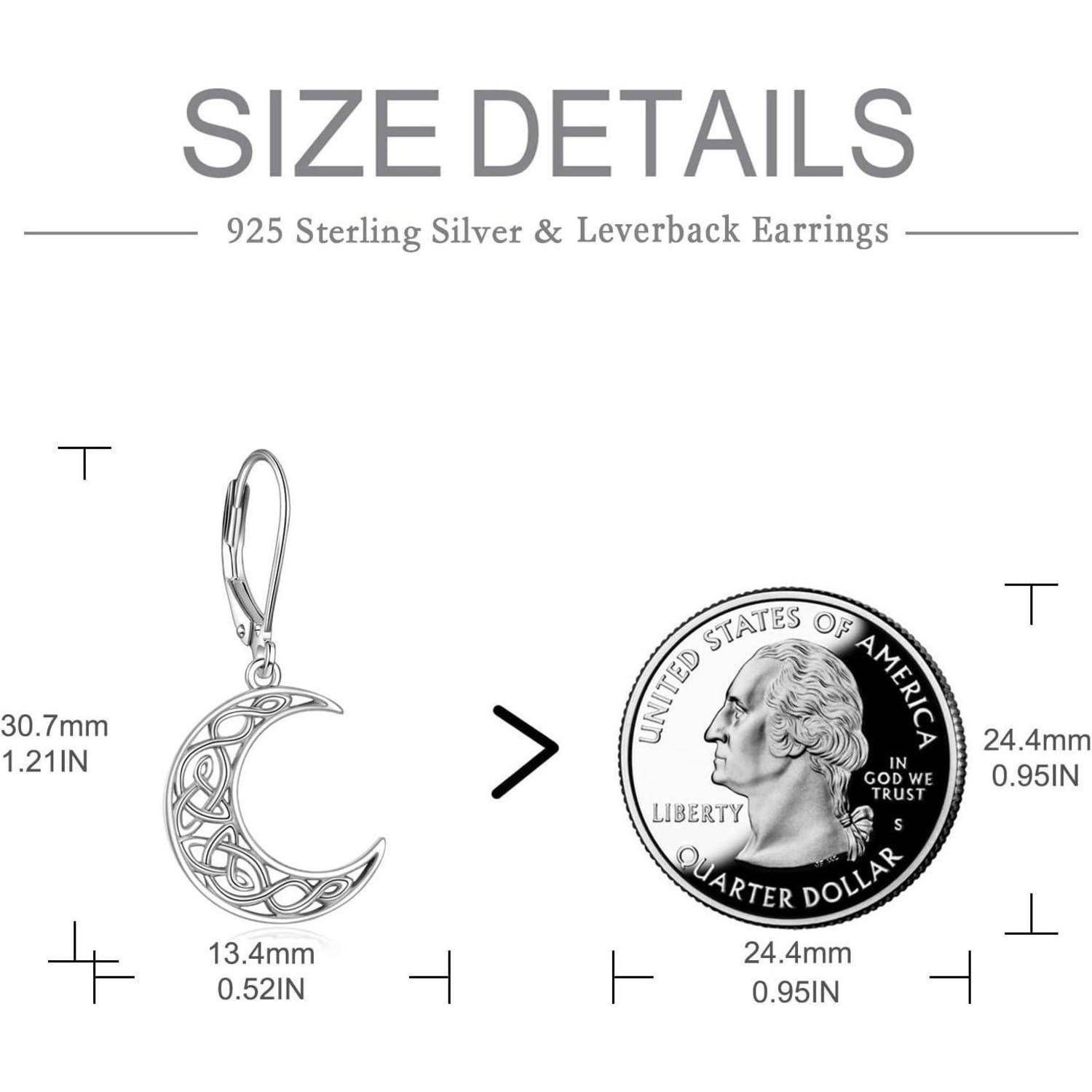 Größenangaben für 925er Sterlingsilber und Leverback-Ohrringe: Der abgebildete Halbmondohrhänger ist größer als ein Vierteldollar und misst 30,7 mm in der Höhe und 13,4 mm in der Breite.