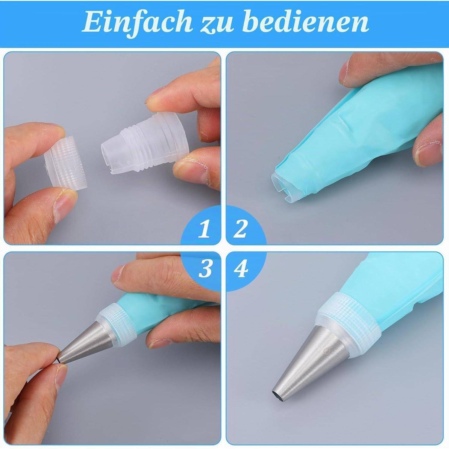 Vierschrittiger illustrierter Leitfaden zeigt, wie man einen Spritzbeutel mit einer Düse zusammensetzt; Der Text lautet „Einfach zu bedienen