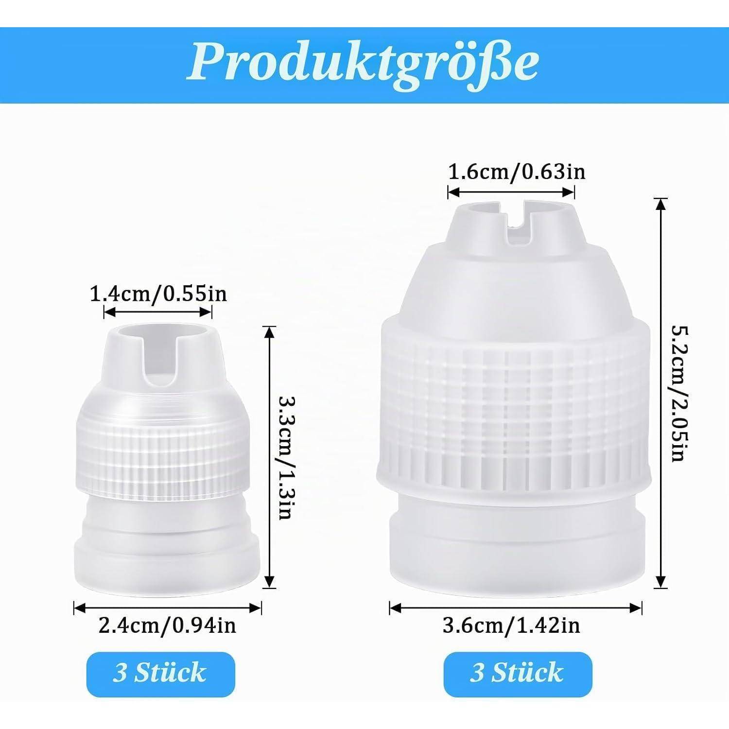 Produktgrößentabelle mit zwei weißen Kunststoff-Steckerdichtungen: klein 3,3 cm hoch und 2,4 cm breit, groß 5,2 cm hoch und 3,6 cm breit; beide mit der Bezeichnung '3 Stück'.