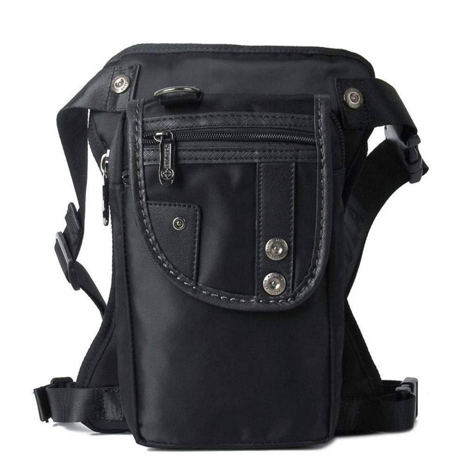 Schwarze taktische Oberschenkeltasche mit Reißverschlusstasche vorne, Überschlagtasche und verstellbaren Riemen auf weißem Hintergrund.