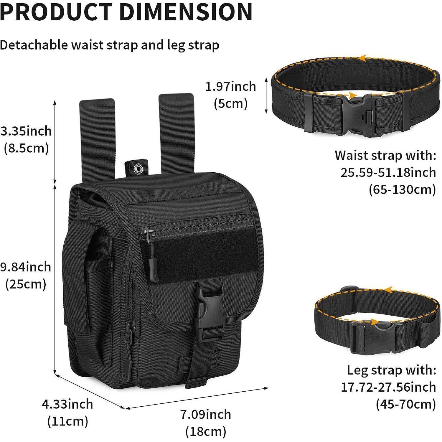 Produktabmessungsdiagramm einer schwarzen taktischen Tasche mit abnehmbaren Hüft- und Beingurten, das die Taschengröße von 9,84 x 7,09 x 4,33 Zoll und Längenbereiche der Gurte zeigt.