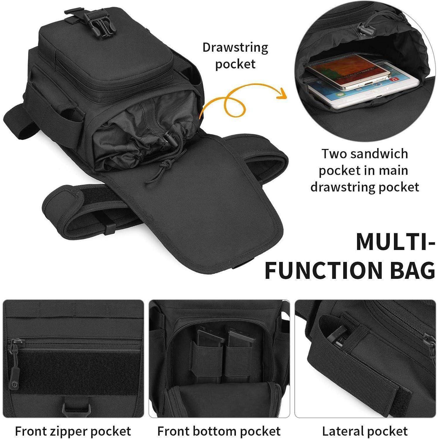 Schwarze Multifunktionstsche mit Kordelzugtrasche für zwei Sandwich-Taschen, vordere Reißverschlusstasche, vordere untere Tasche und seitliche Tasche.