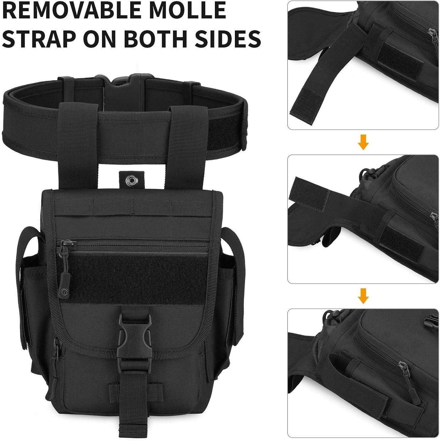 Schwarze taktische Oberschenkel-Holstertasche mit abnehmbaren Riemen auf beiden Seiten, Vorderansicht und drei Nahaufnahmen, die die Befestigungspunkte der Riemen zeigen.