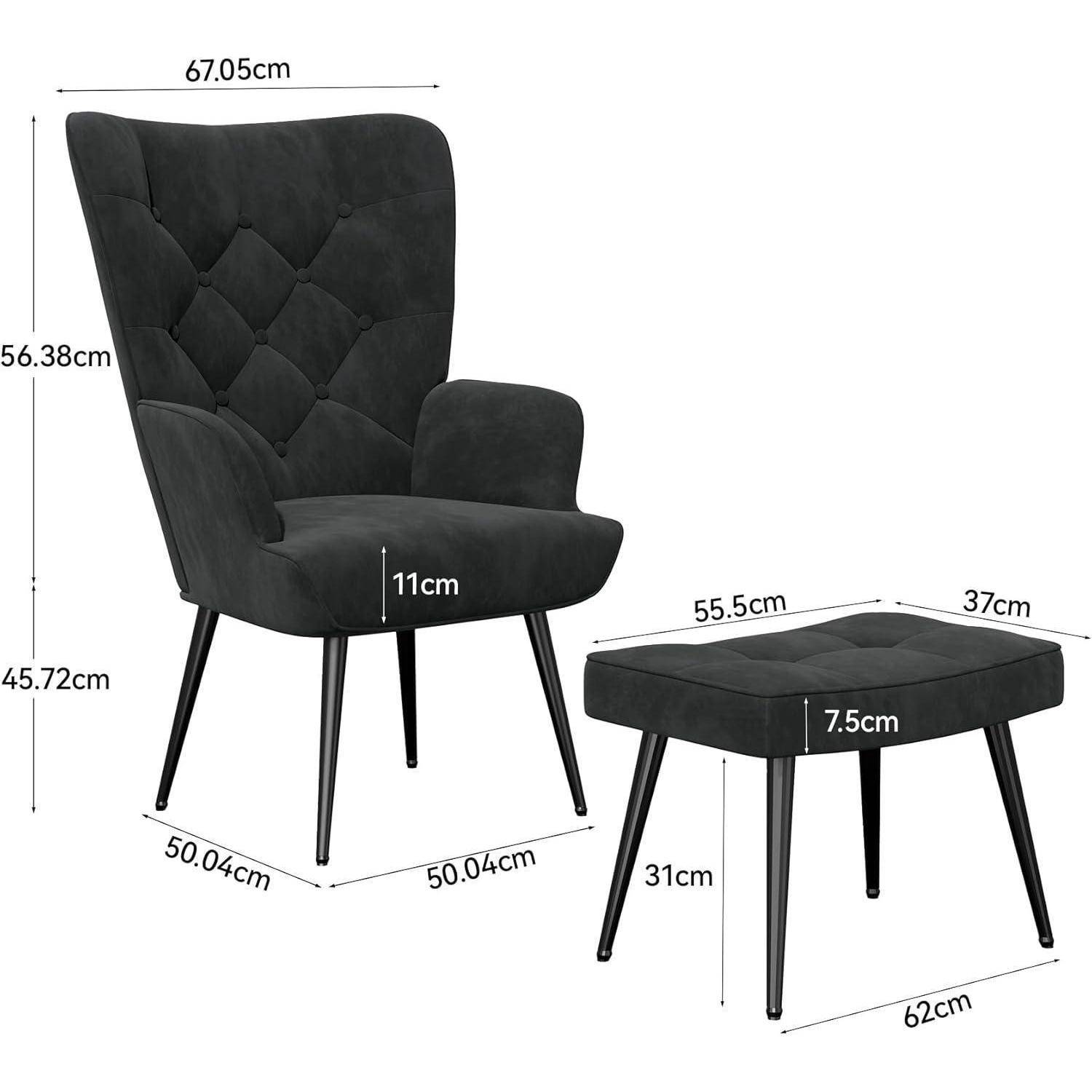 Produktbild eines schwarz gepolsterten Akzentstuhls und eines passenden Ottomans, dargestellt mit Maßstabsbeschriftungen in Zentimetern.