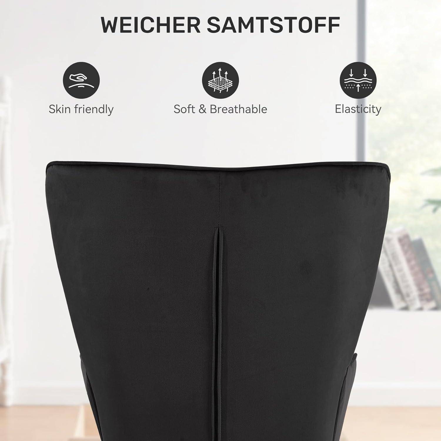 Schwarze Stuhllehne aus weichem, atmungsaktivem, elastischem Stoff, dargestellt unter dem Titel „WEICHER SAMTSTOFF