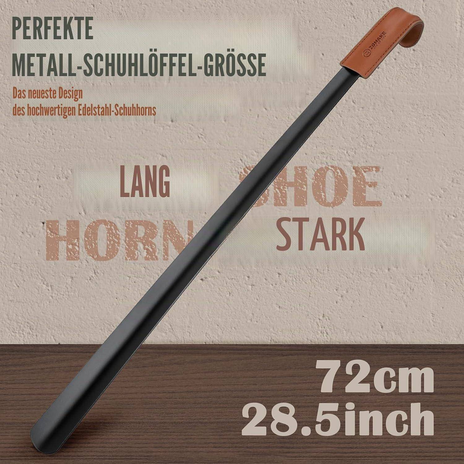 Schwarzer 72 cm Metall-Schuhlöffel mit braunem Griff, dargestellt als lang, stabil und extra hoch für einfachere Schuhnutzung.