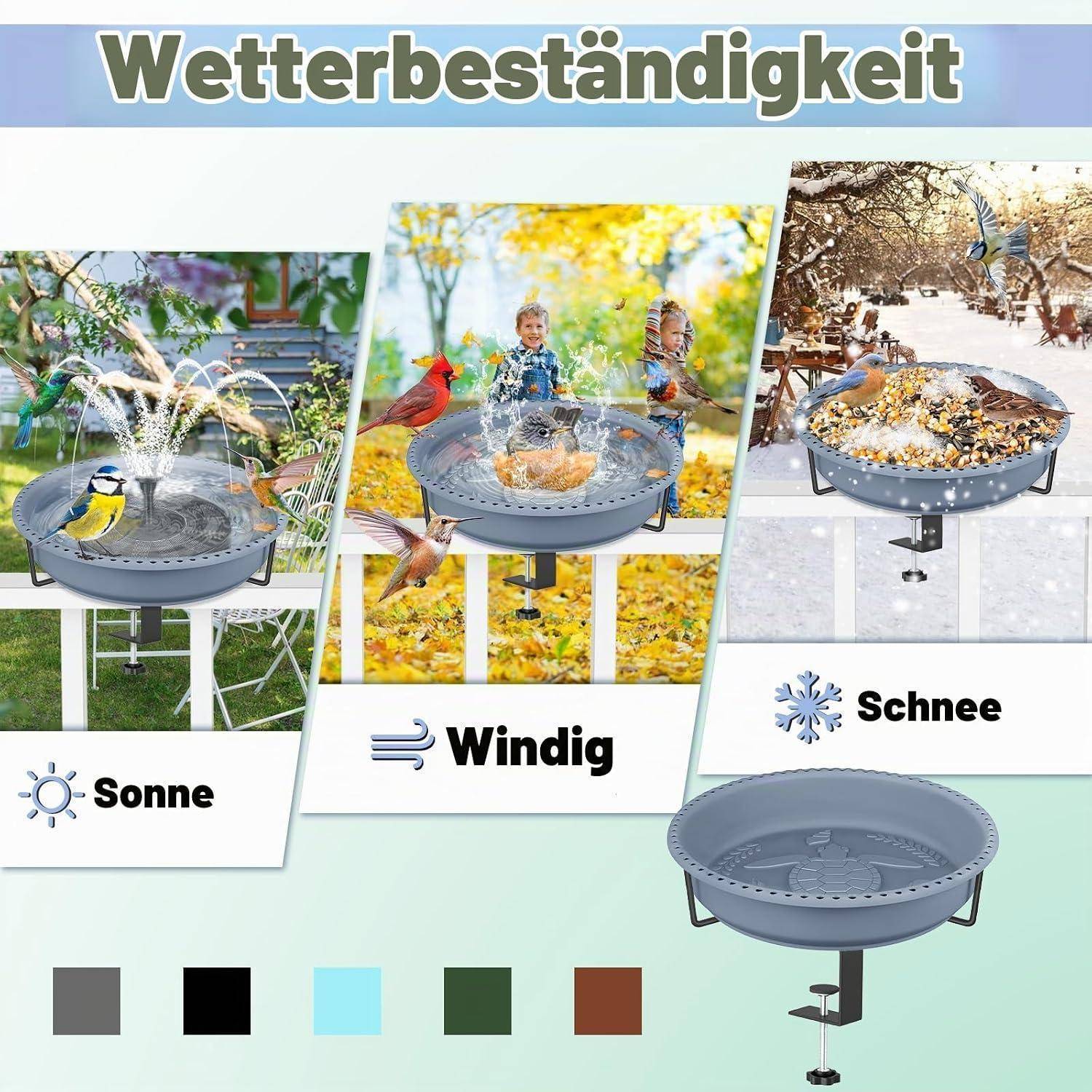 Wetterbeständiger Vogelfutterspender in Sonne, Wind und Schnee gezeigt, mit deutschem Text „Wetterbeständigkeit