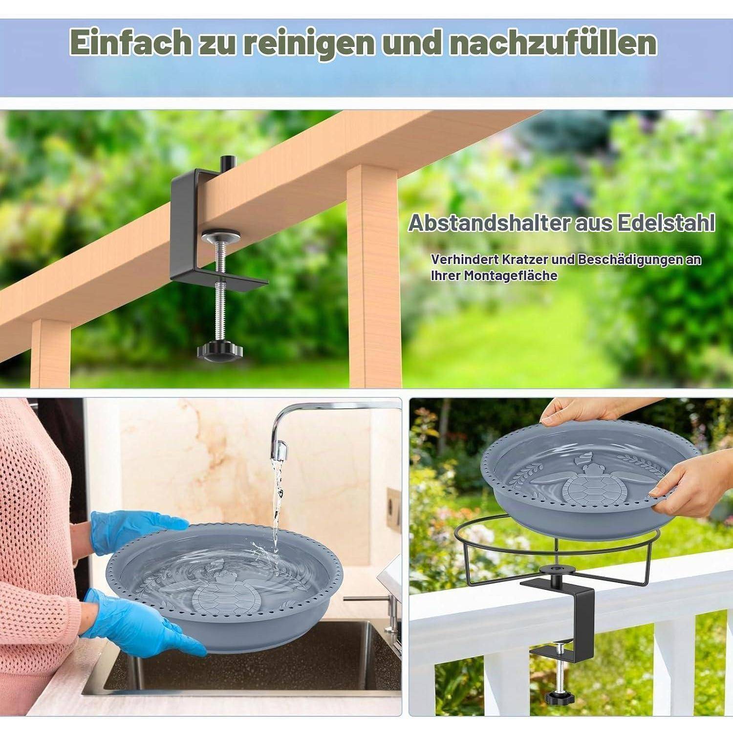 Vogeltränke mit C-Clamp Metall-Halterung, abnehmbare Kunststoffschale, Grau