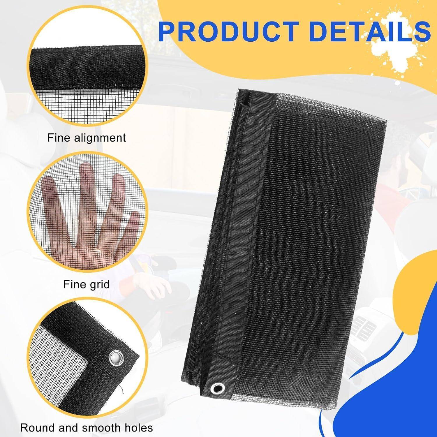 Produktdetails einer schwarzen Mesh-Reißverschlusstasche mit Nahaufnahmen, die eine feine Ausrichtung, feines Gitter und glatte runde Löcher zeigen.