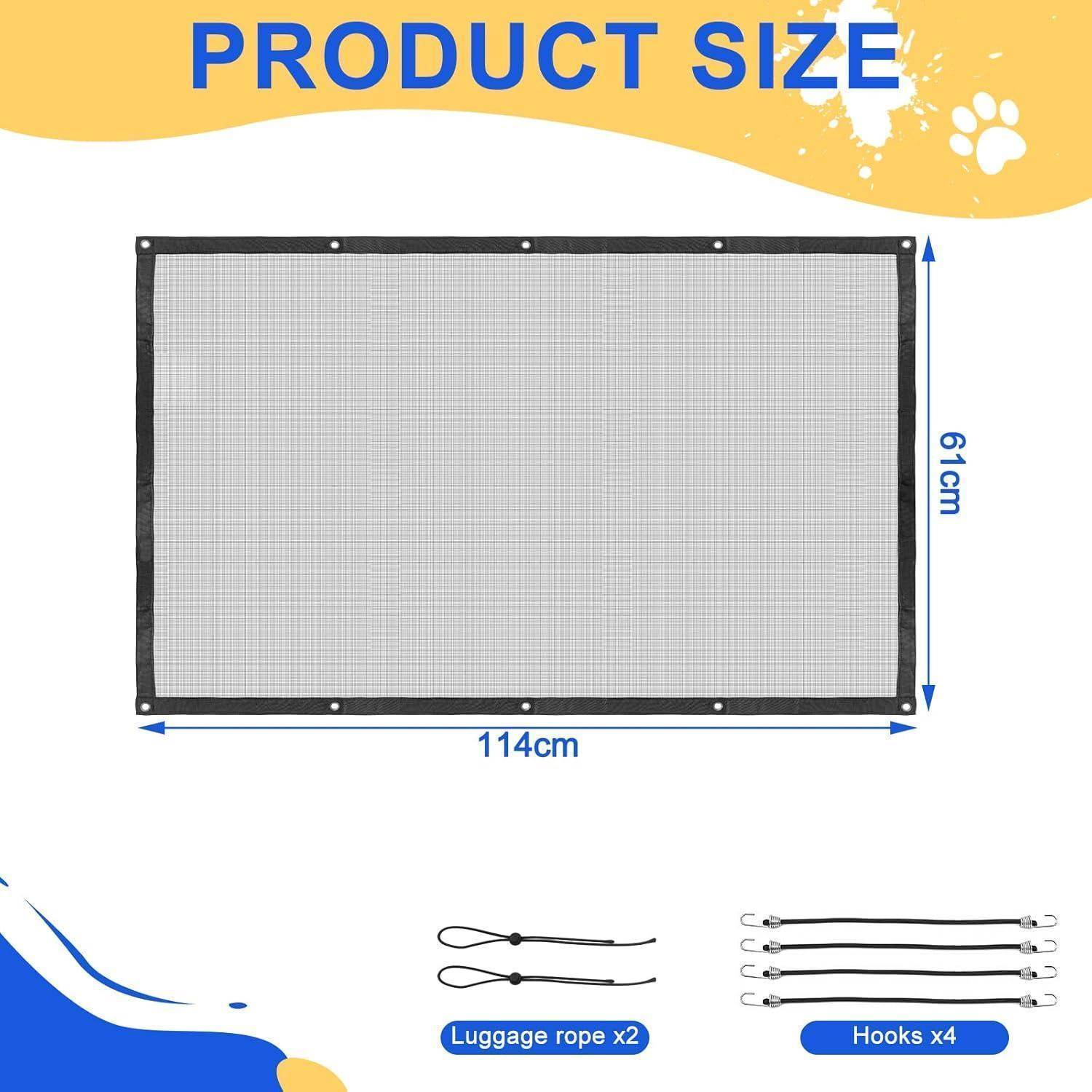 Produktgrößendiagramm mit einer rechteckigen Netzmatte mit den Abmessungen 114 cm Breite und 61 cm Höhe, einschließlich 2 Gepäckseilen und 4 Haken.