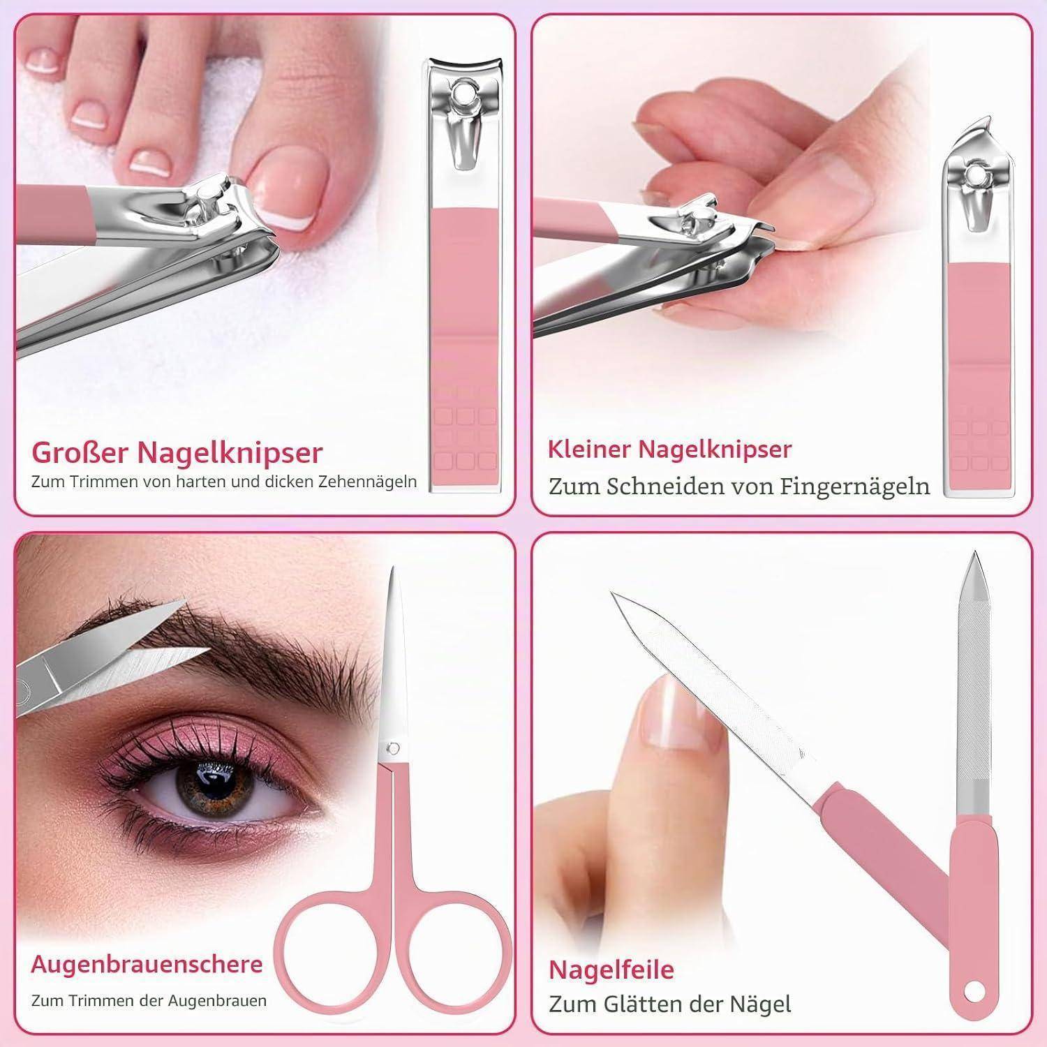 Maniküre-Set 10-in-1 Edelstahl mit Reiseetui Rosa