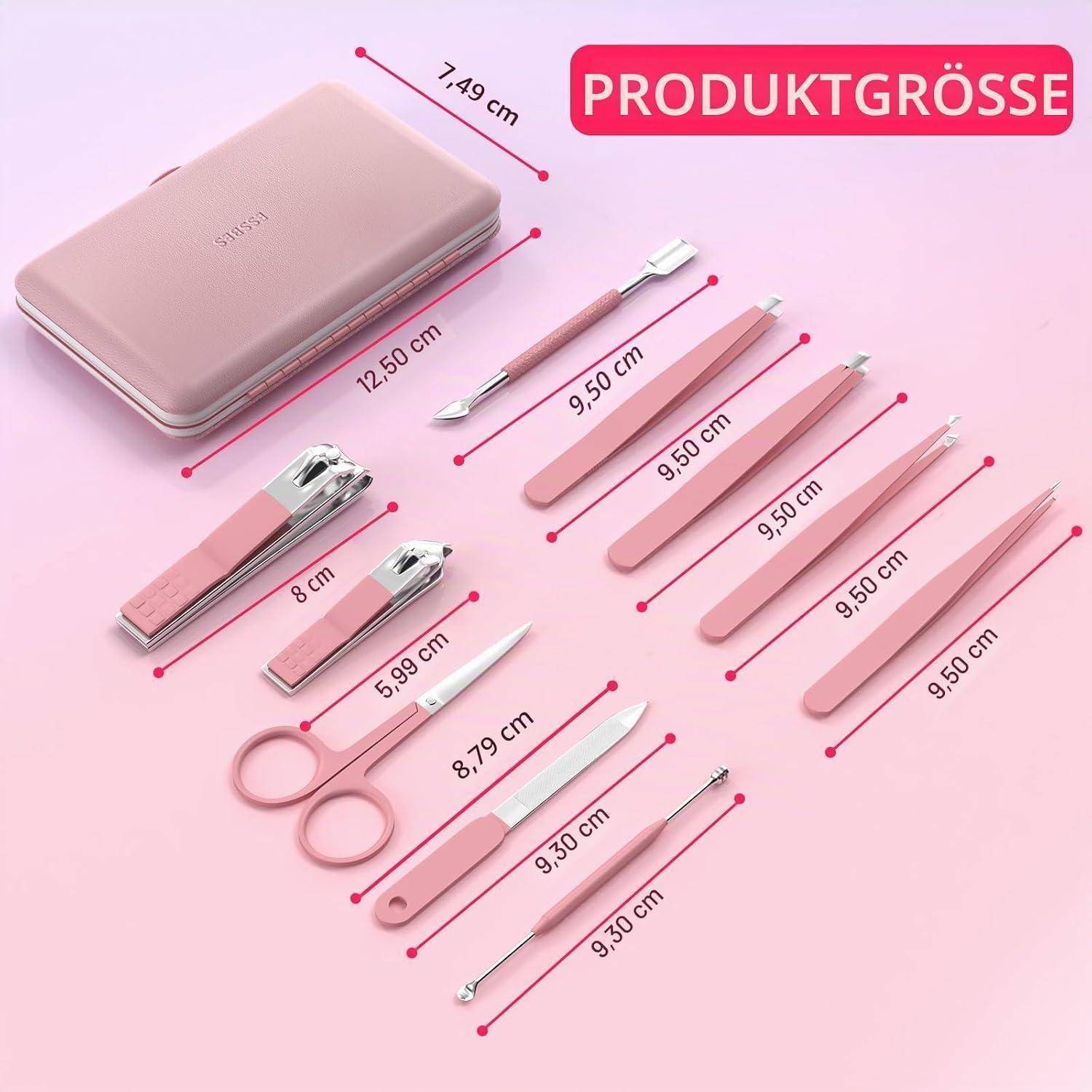 Rosa Maniküre-Set mit Etui und Werkzeugen, gekennzeichnet mit „PRODUKTGRÖSSE